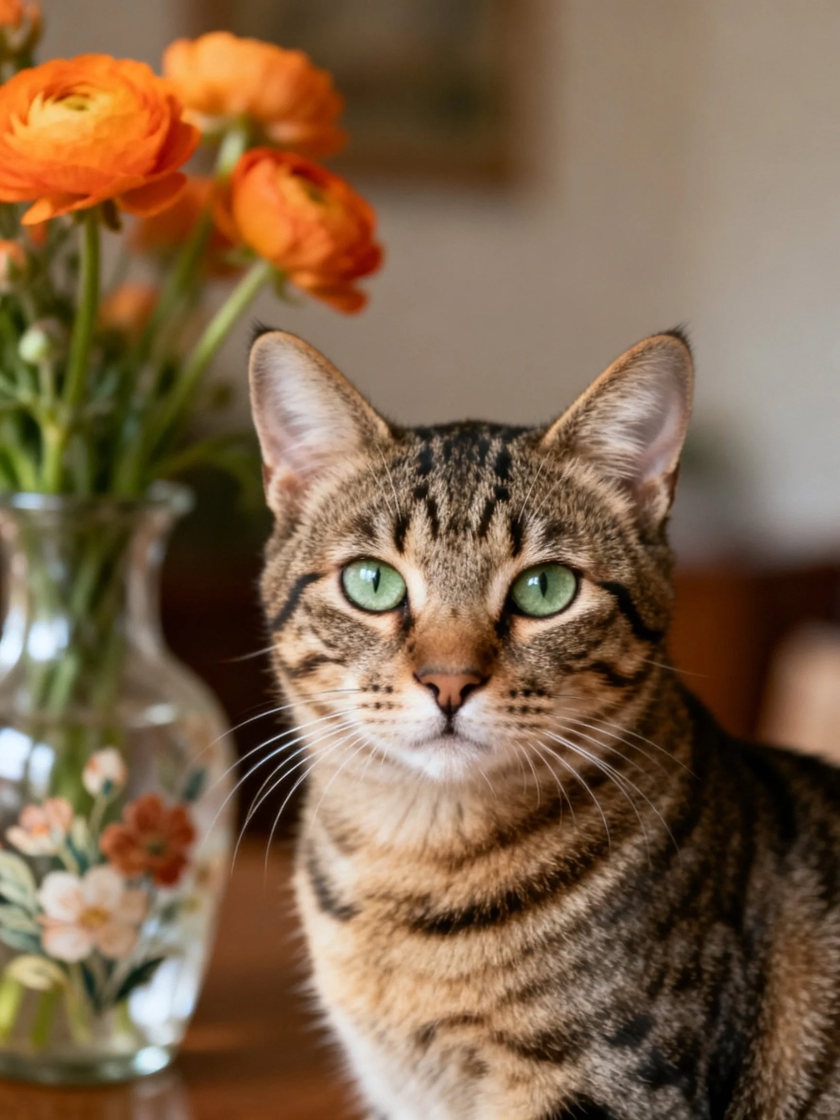 A tabby cat with green eyes beside vibrant orange flowers