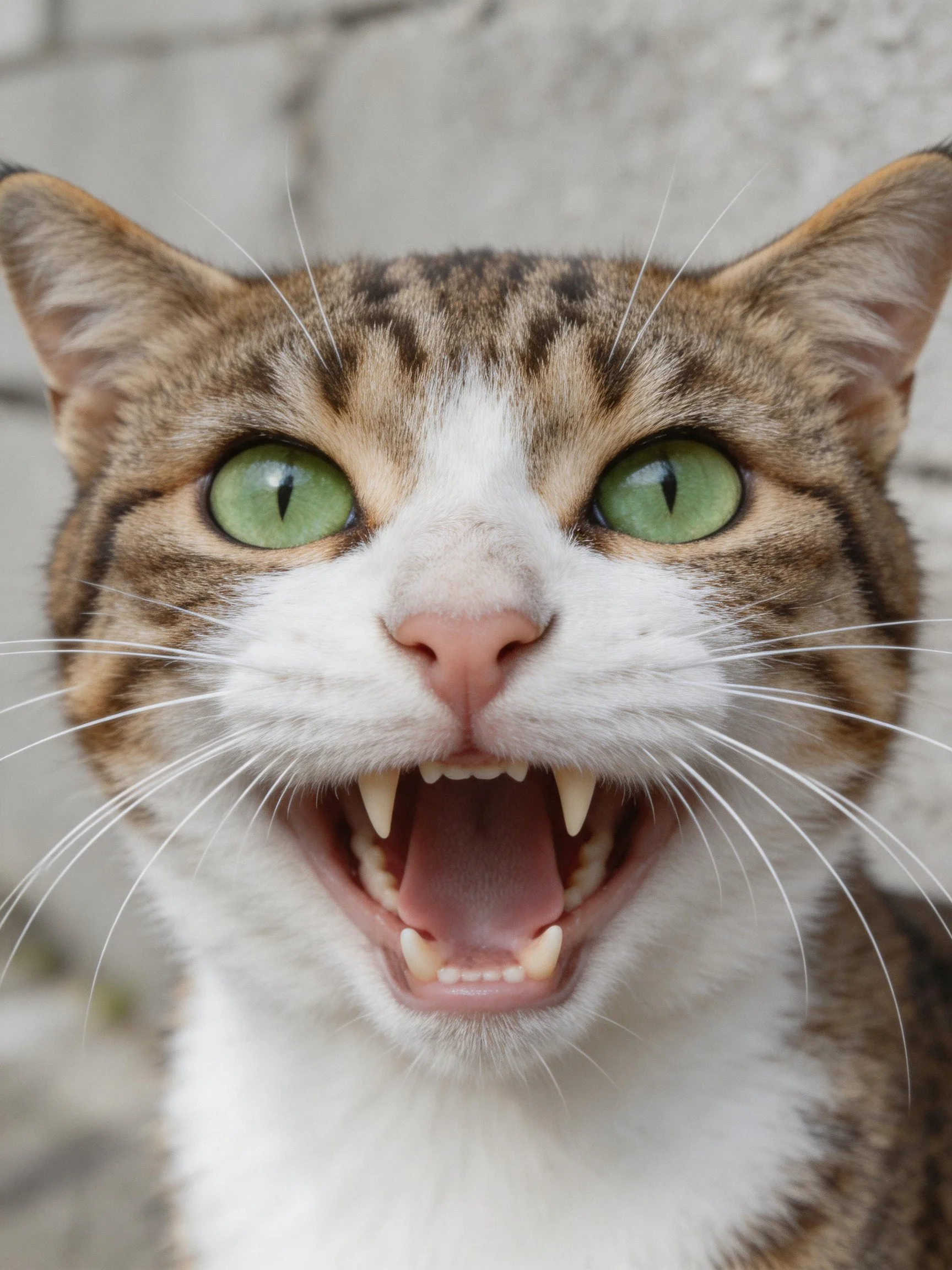 A tabby cat with green eyes shows its teeth in a close - up photo.