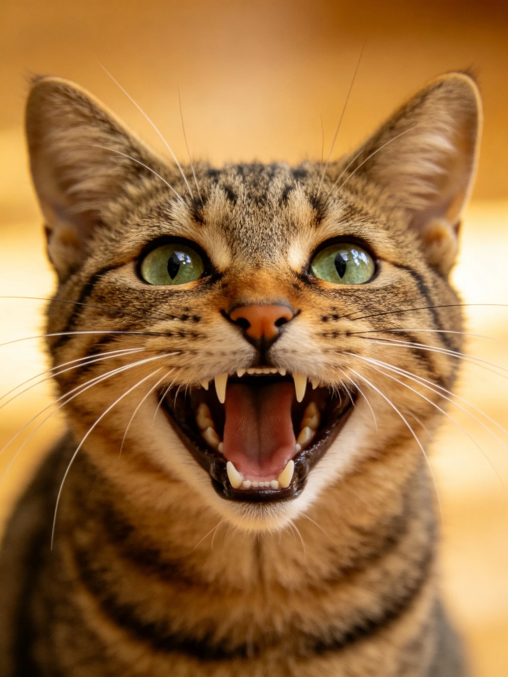 A tabby cat shows its teeth with bright green eyes.