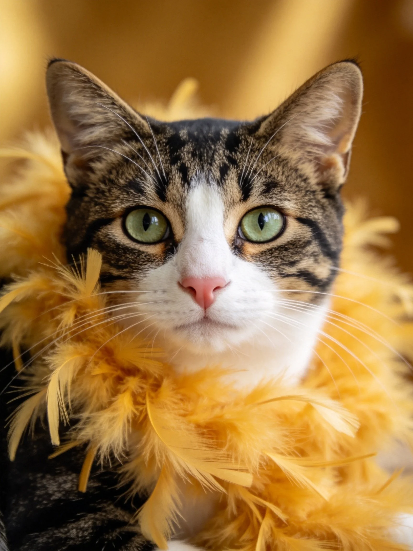 A tabby cat with green eyes draped in a golden feather boa