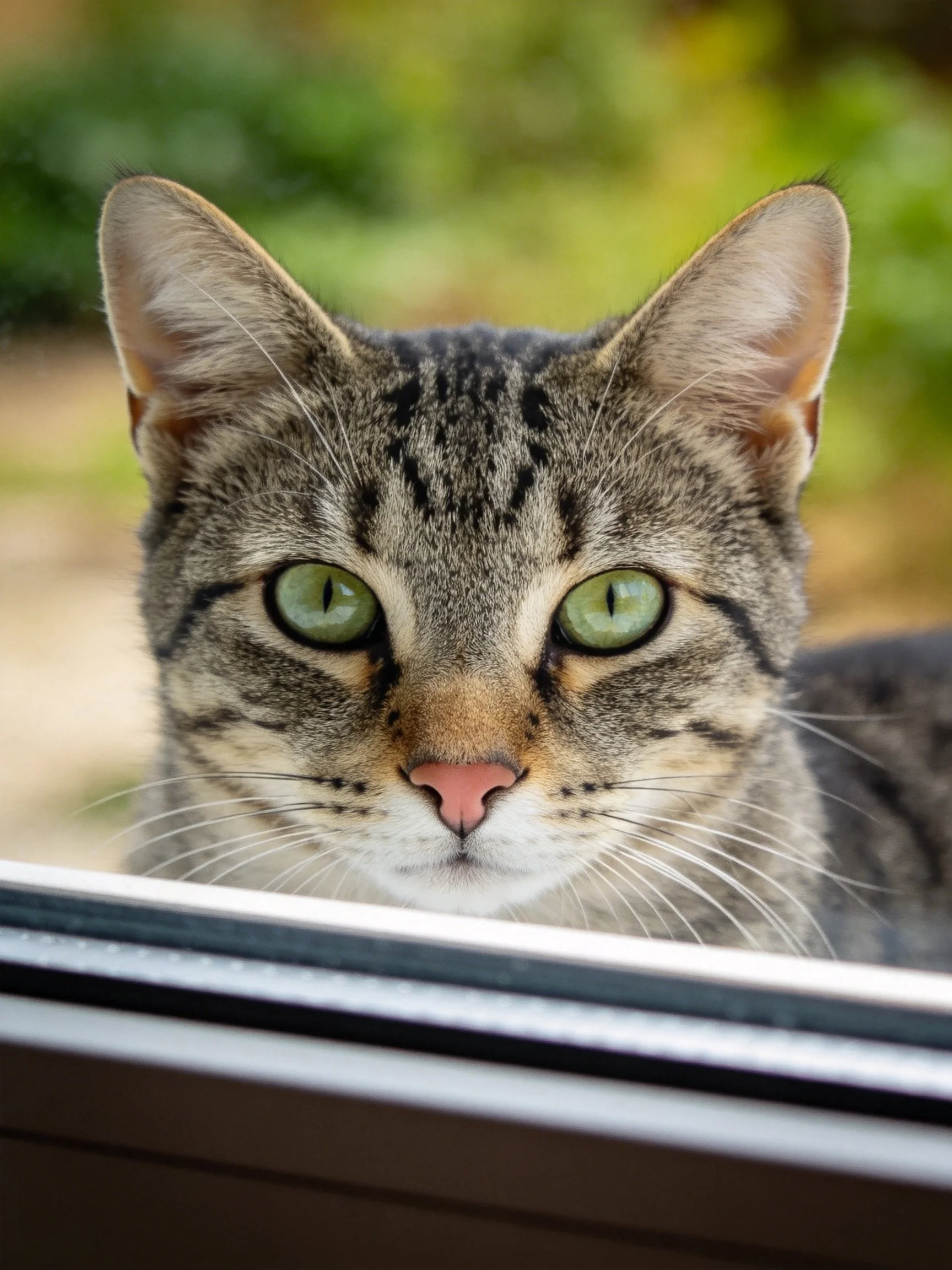 A tabby cat with green eyes gazes through a window frame.
