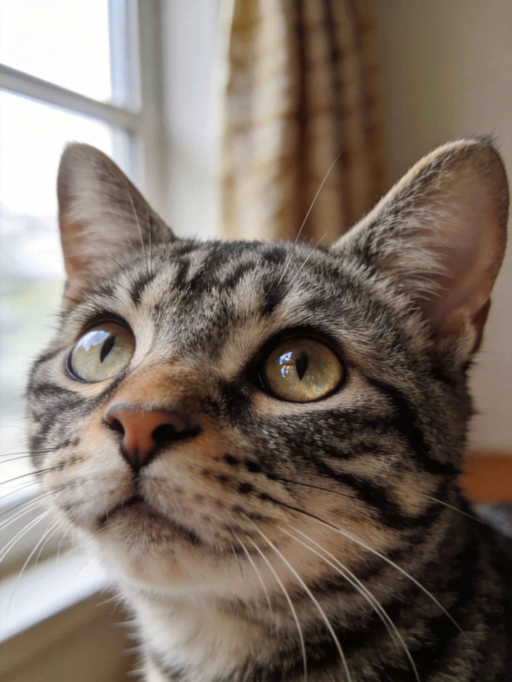 A tabby cat with green eyes gazes upward by a sunlit window.