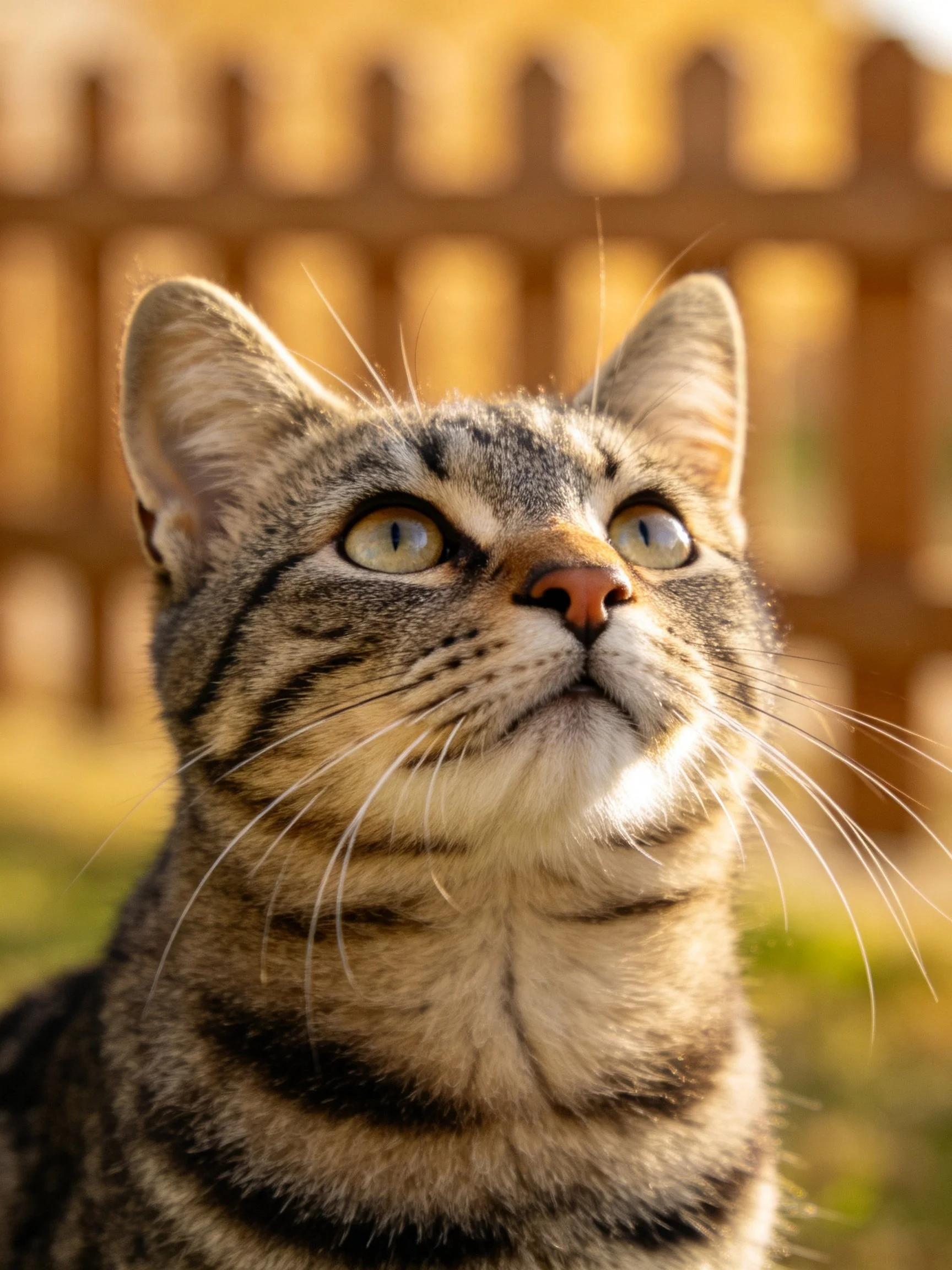A tabby cat with green eyes gazes upward near a wooden fence