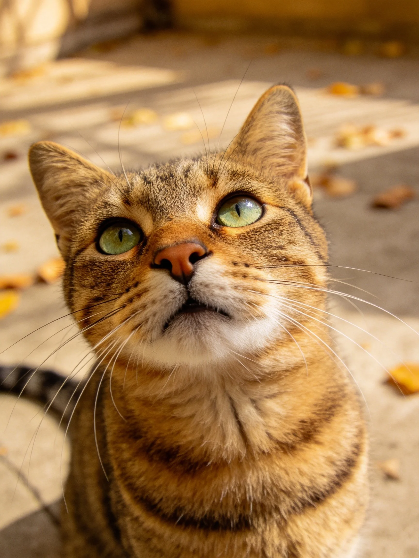A tabby cat with green eyes gazing upward outdoors