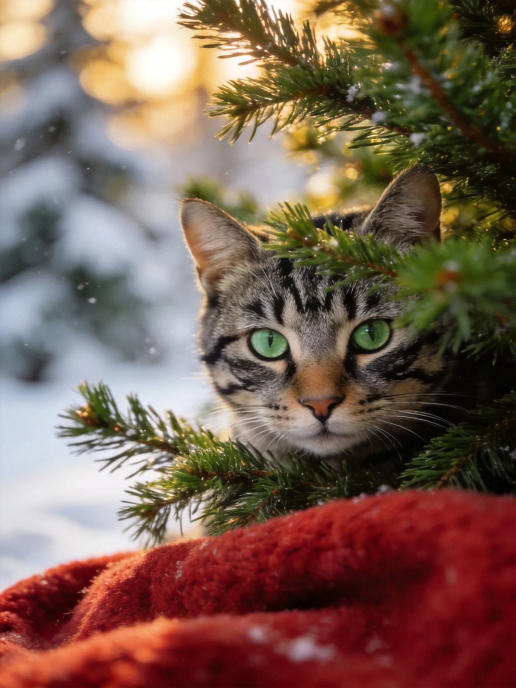 A tabby cat with green eyes hides among pine branches beside a red blanket in snowy light