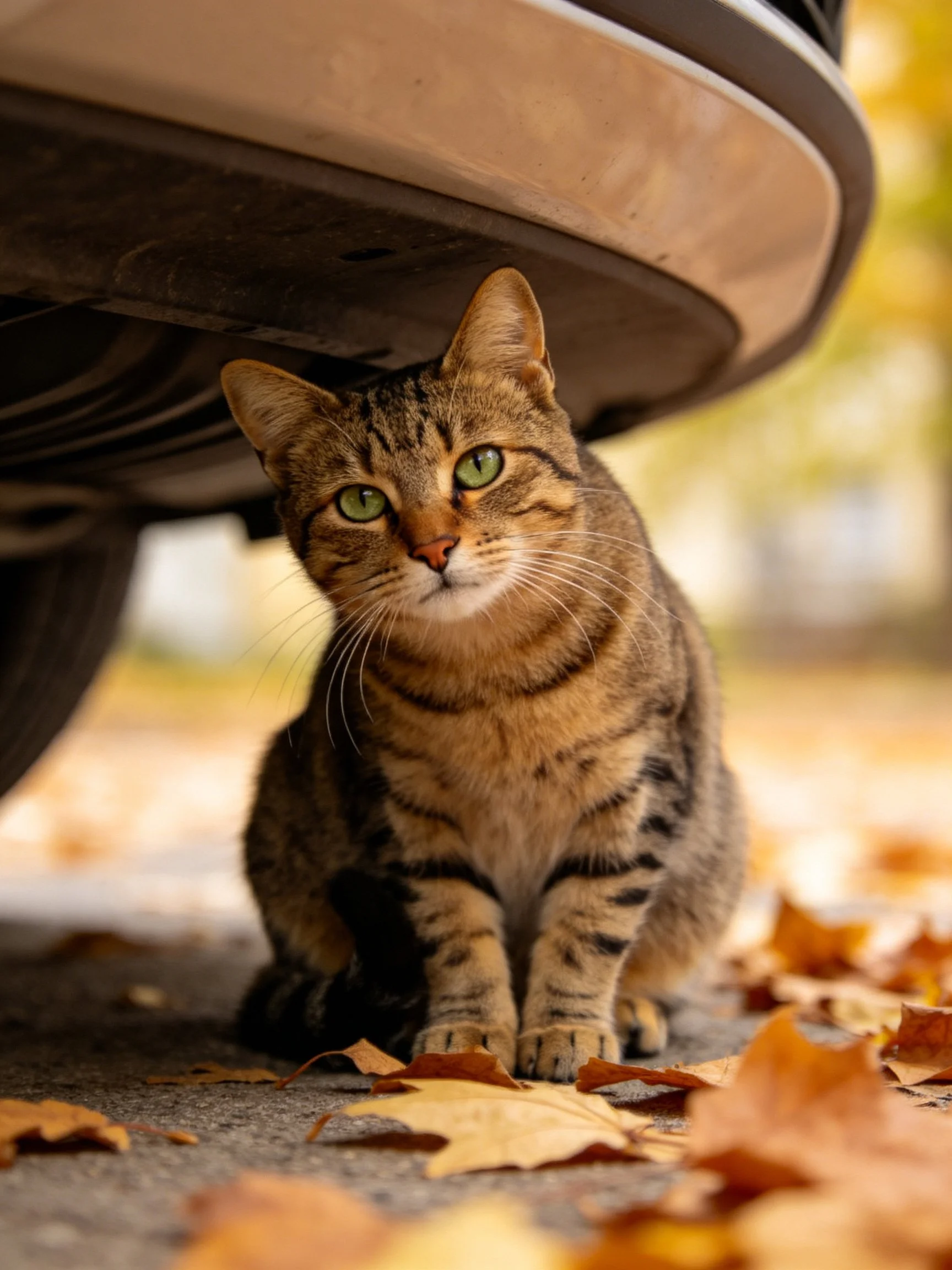 A tabby cat with green eyes hides under a vehicle amid autumn leaves