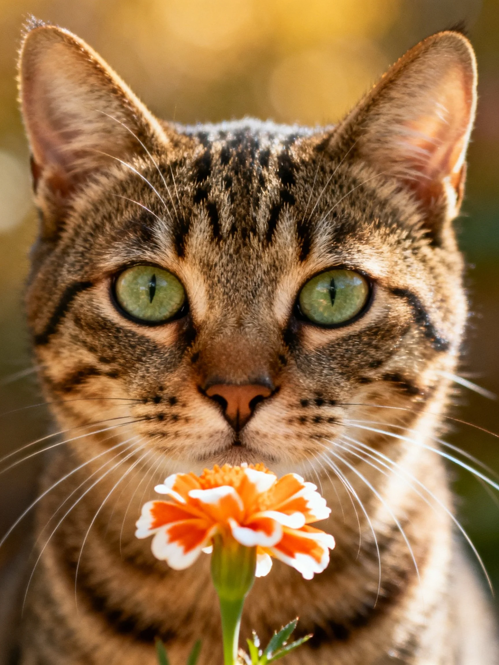 A tabby cat with green eyes holds an orange-and-white flower