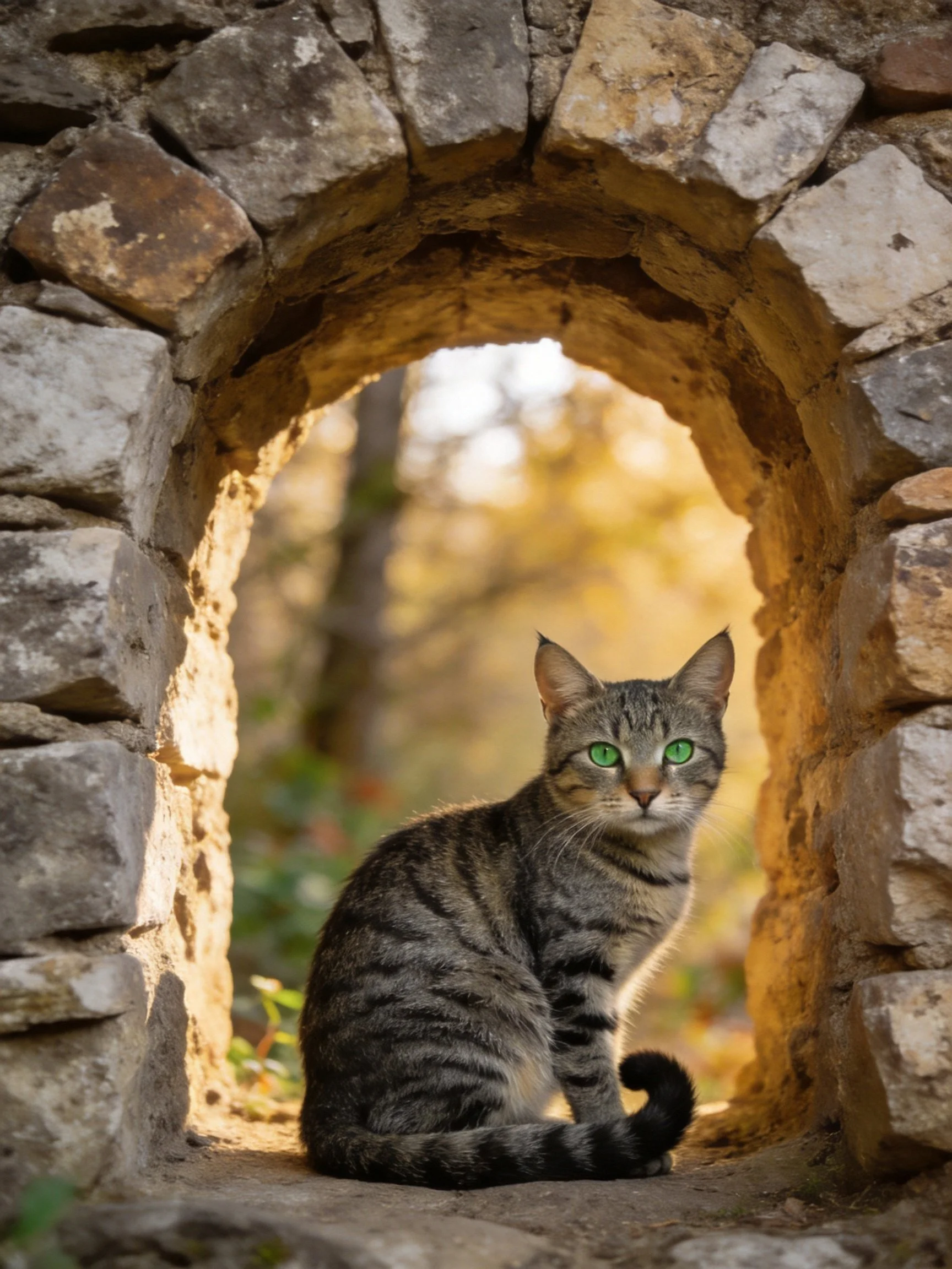 A tabby cat with green eyes in a weathered stone archway