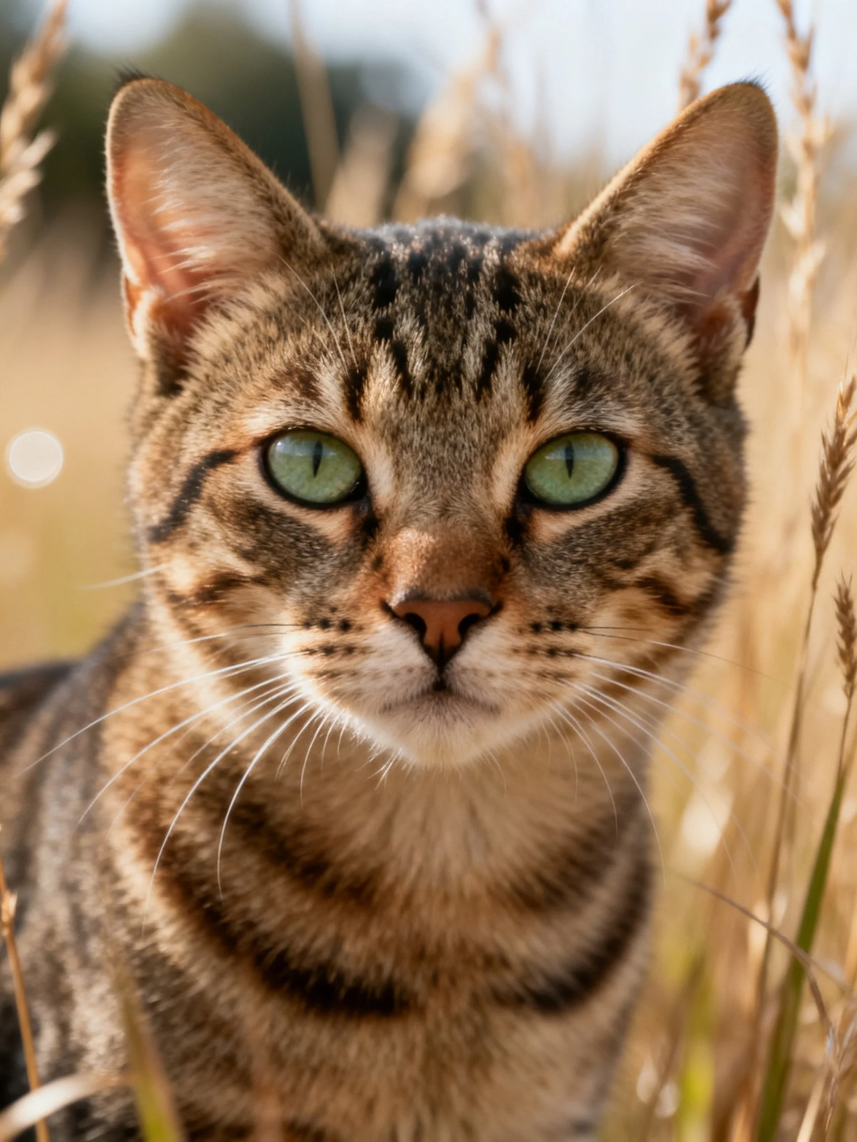 A tabby cat with bright green eyes rests amid tall golden grasses.