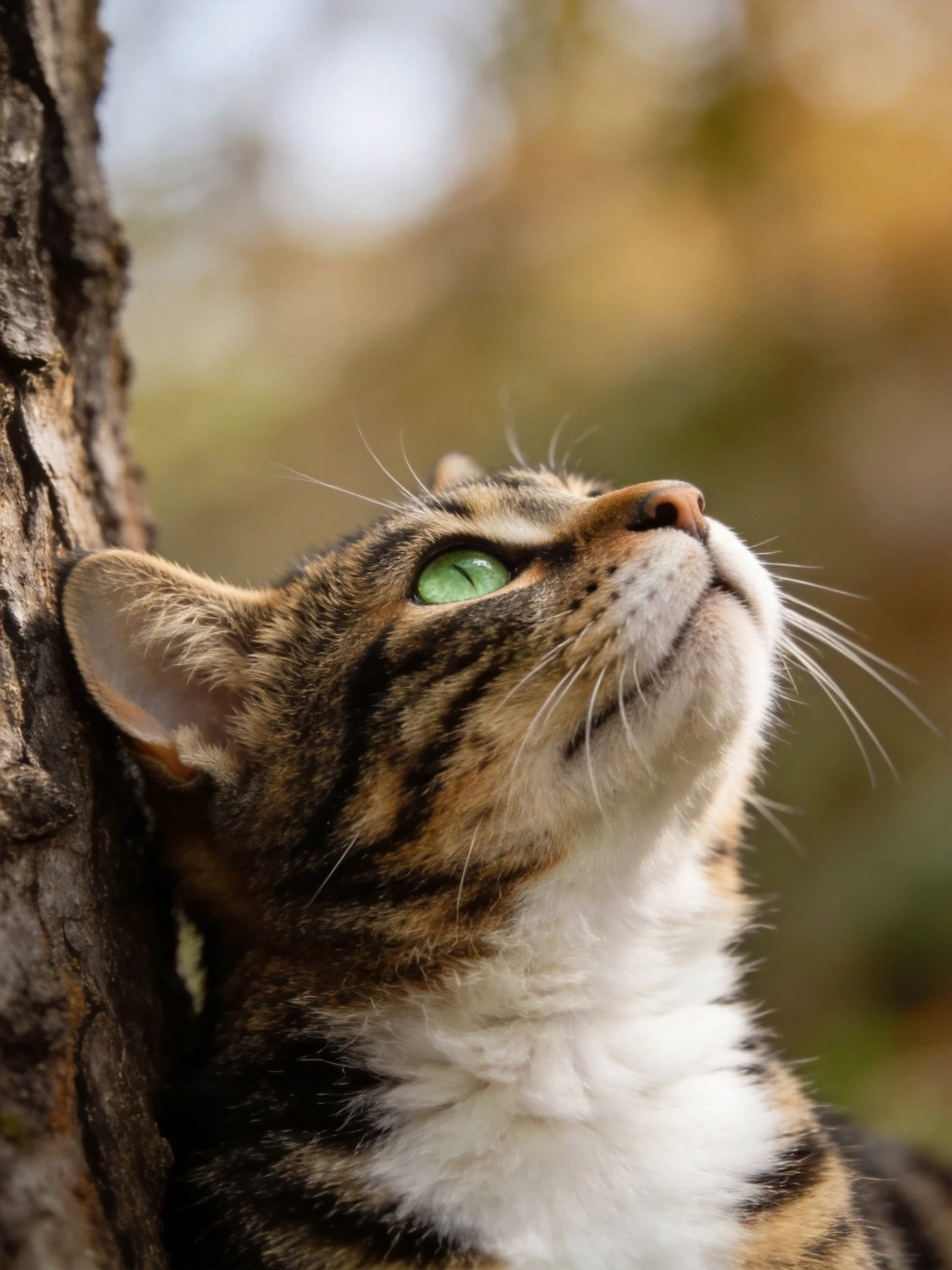 A tabby cat with green eyes leans against a textured tree trunk