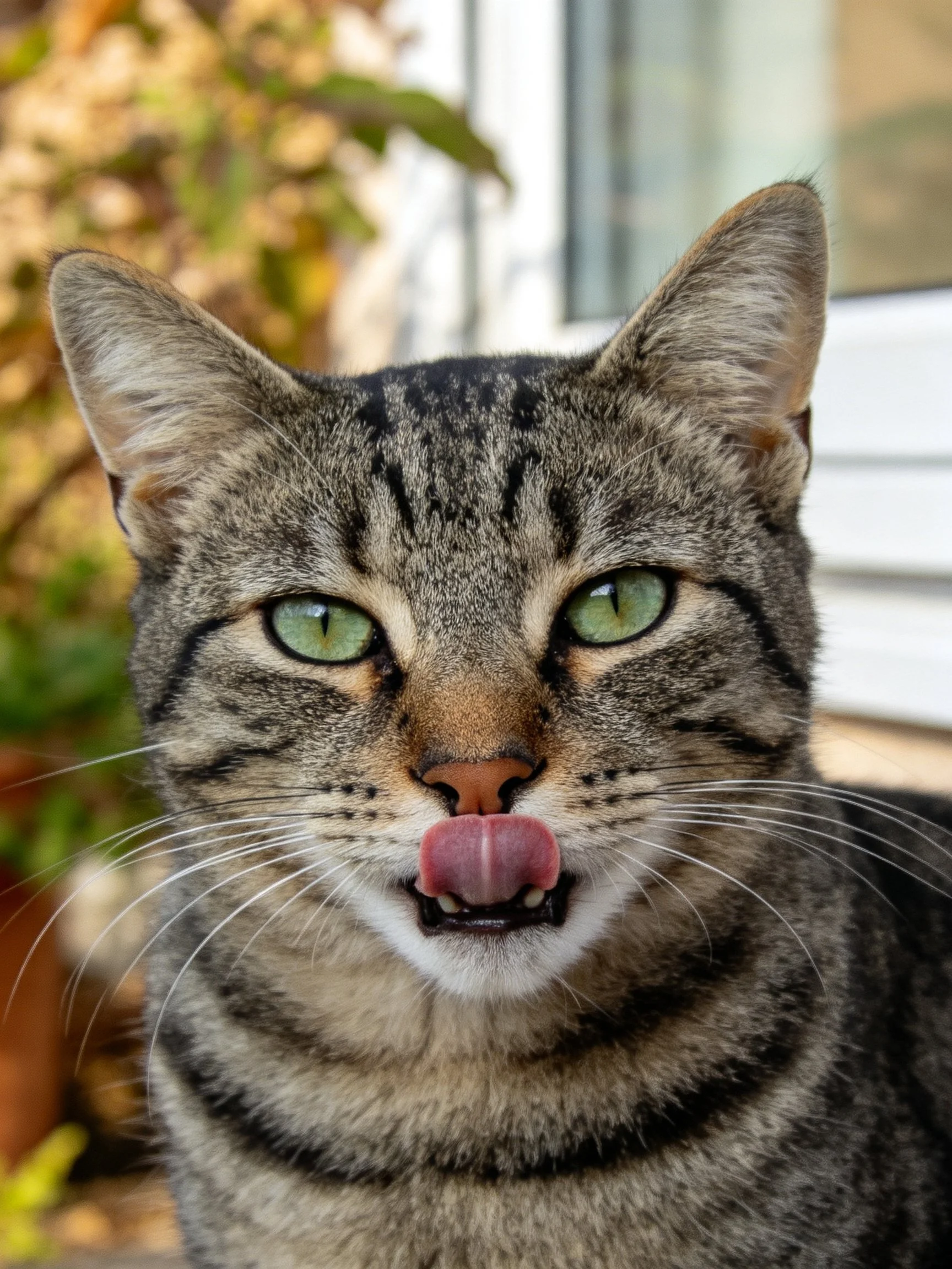 A tabby cat with green eyes licking its nose outdoors