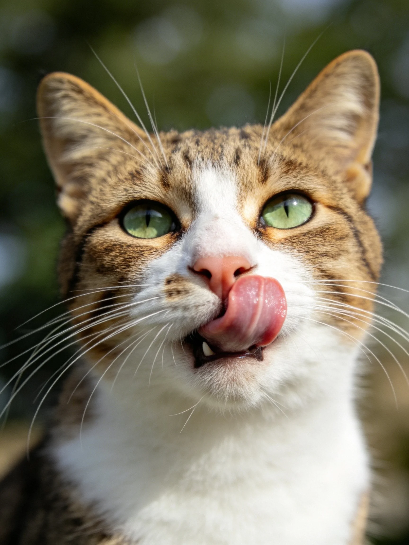 A tabby cat with green eyes licks its nose outdoors