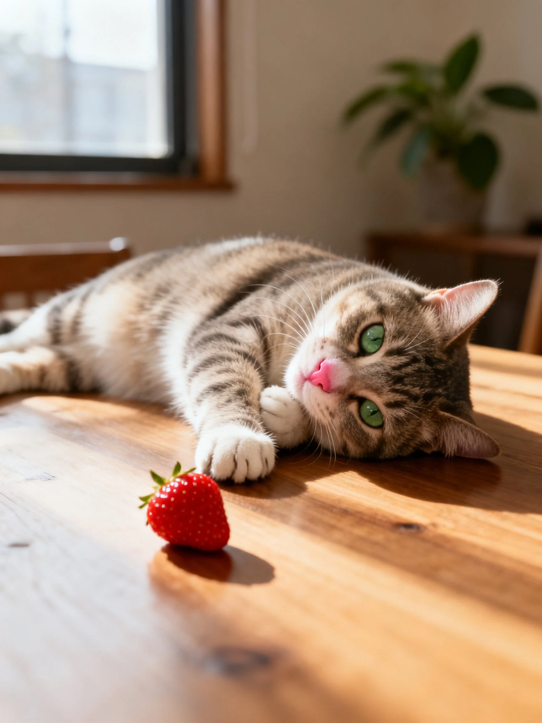 A tabby cat with green eyes lies near a strawberry on a wooden table