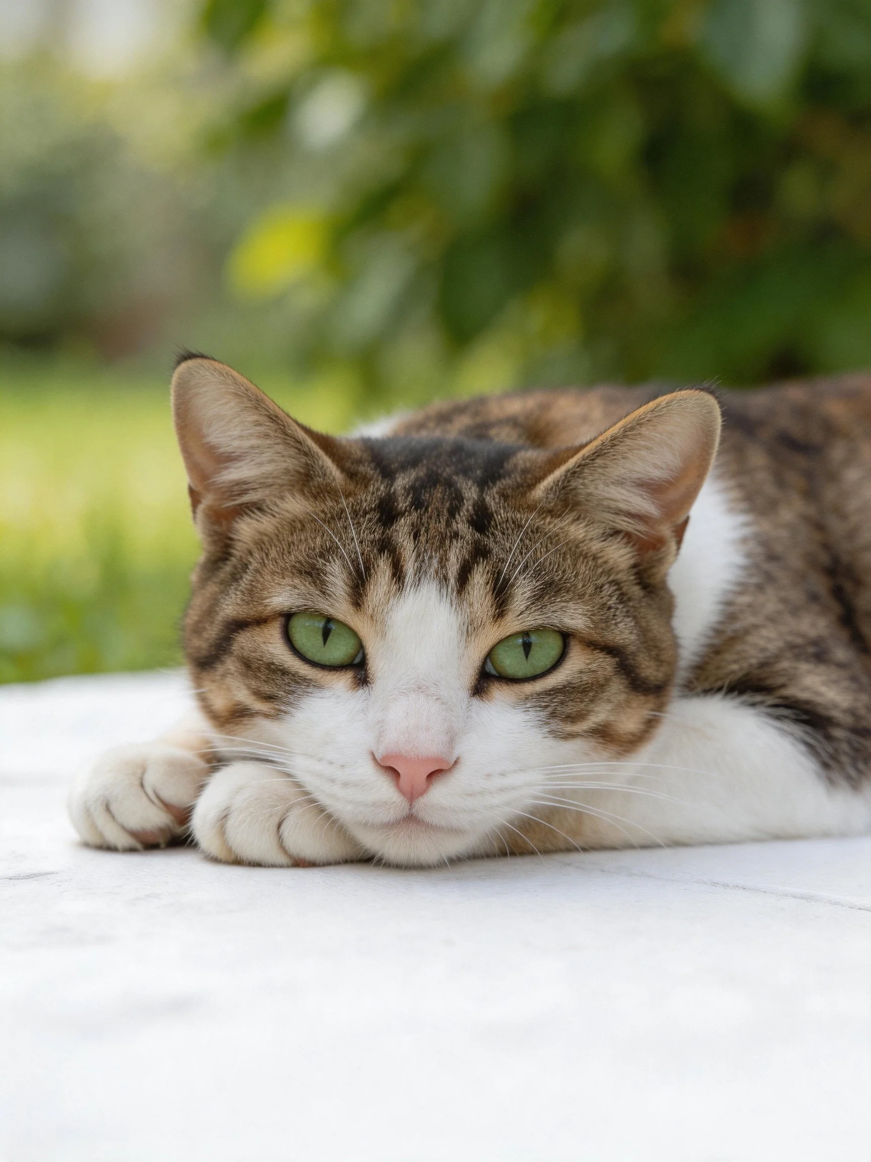 A tabby cat with green eyes lies on a white surface in an outdoor setting