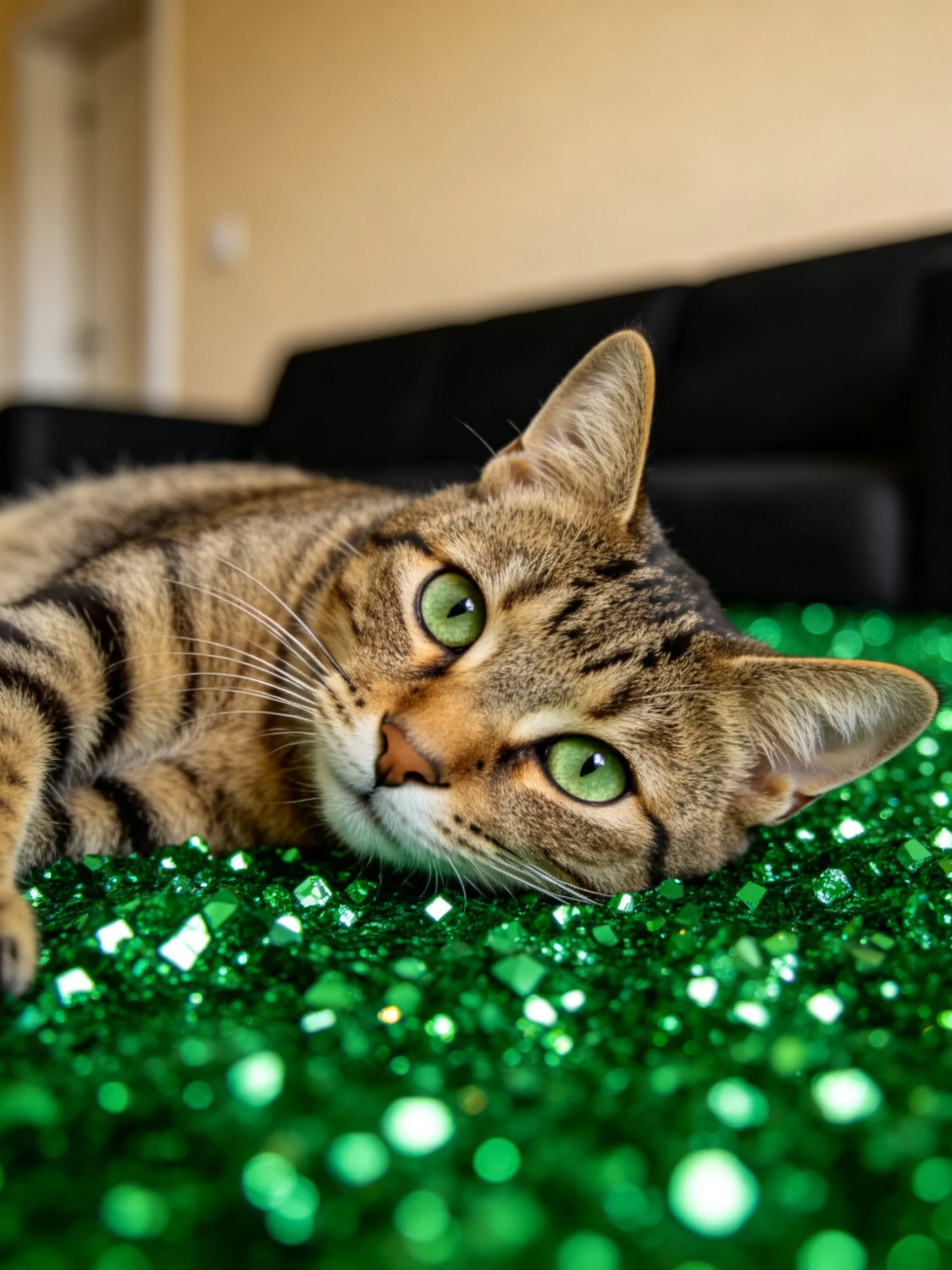 A tabby cat with green eyes lies on green glitter near black furniture