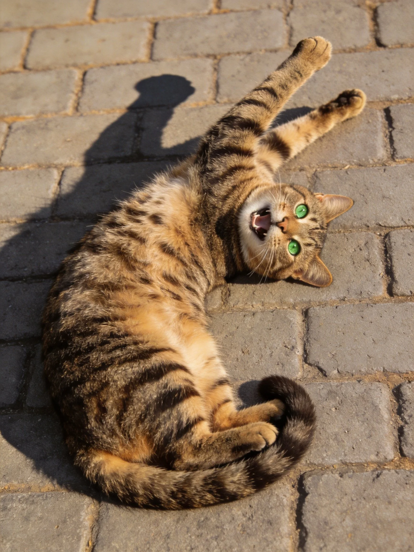 A tabby cat with green eyes lies relaxed on cobblestone pavement