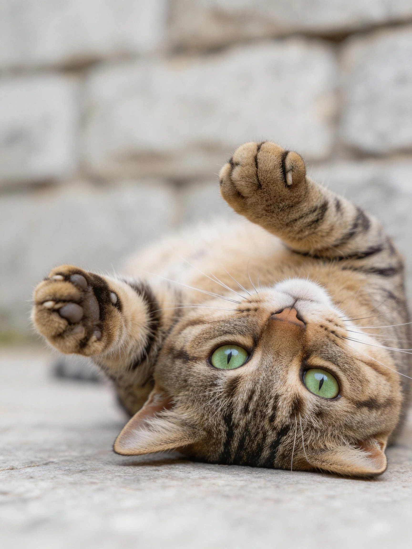 A tabby cat with green eyes lies upside down on stone pavement