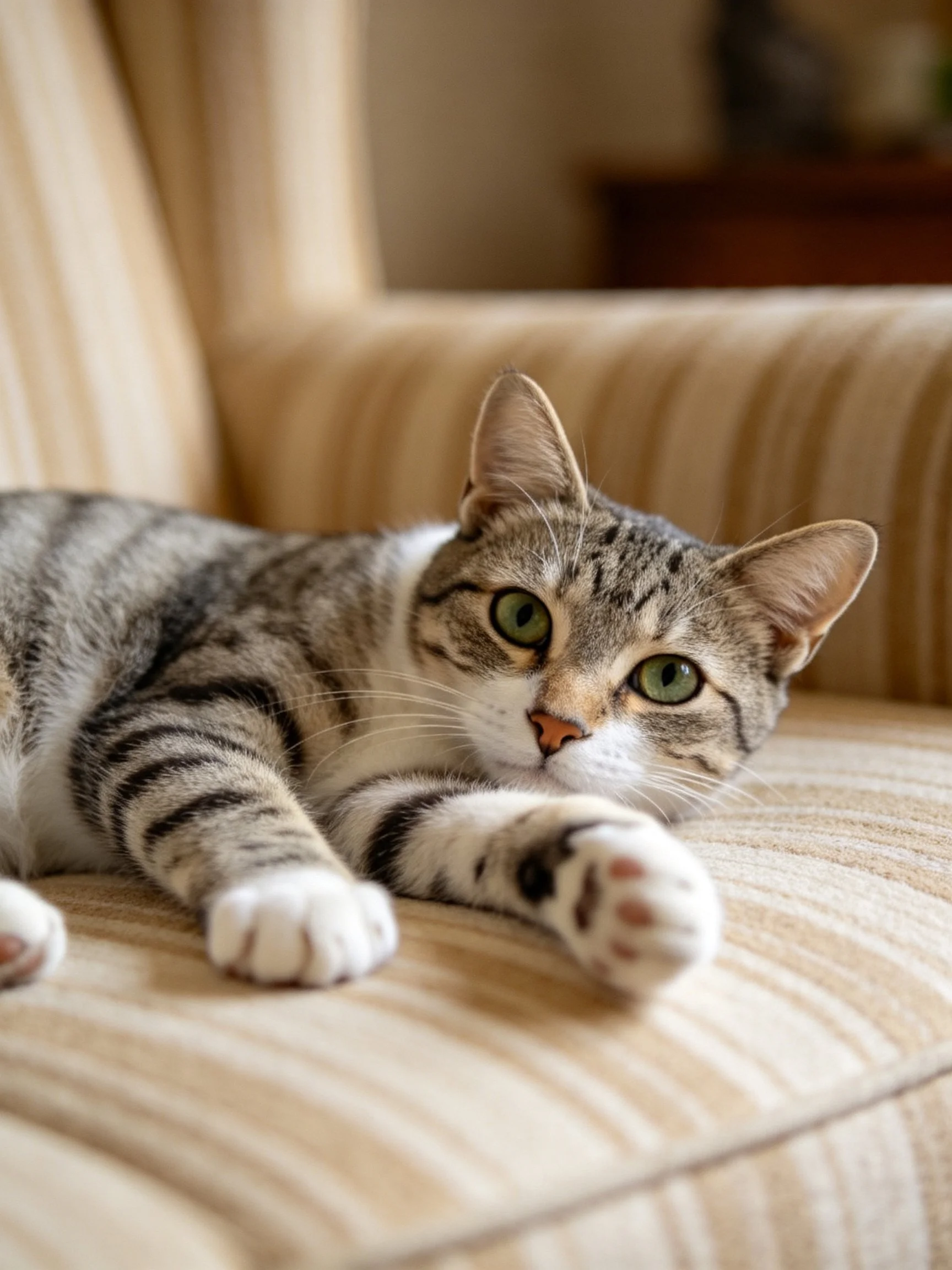 A tabby cat with green eyes lounging on a striped couch