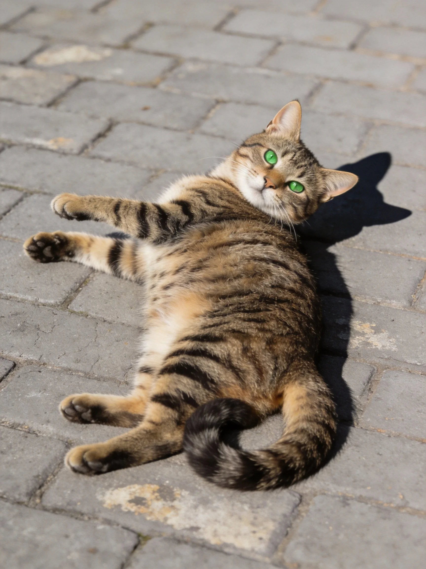 A tabby cat with green eyes lounging on stone pavement