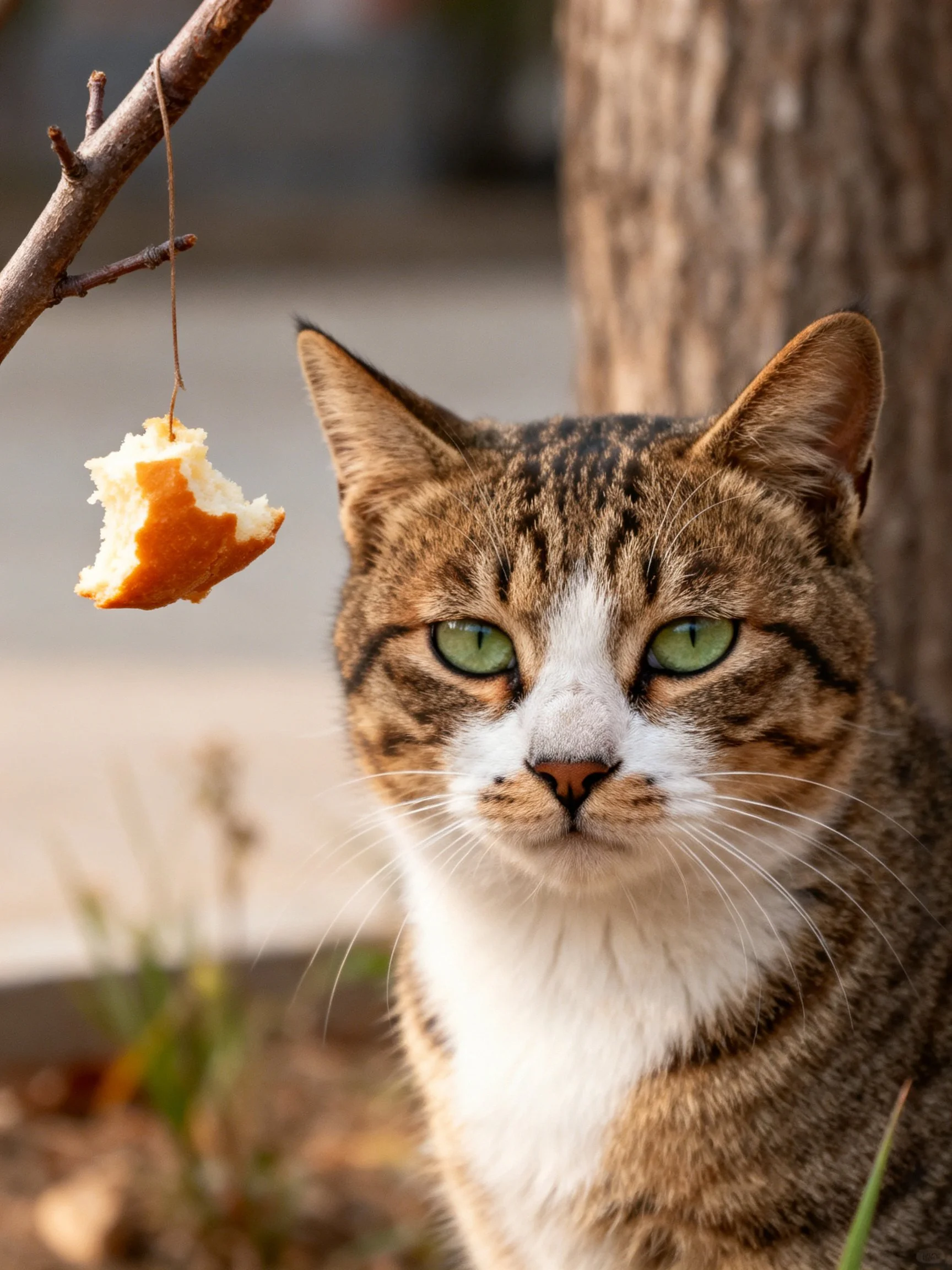A tabby cat with green eyes sits near a tree with a hanging bread.