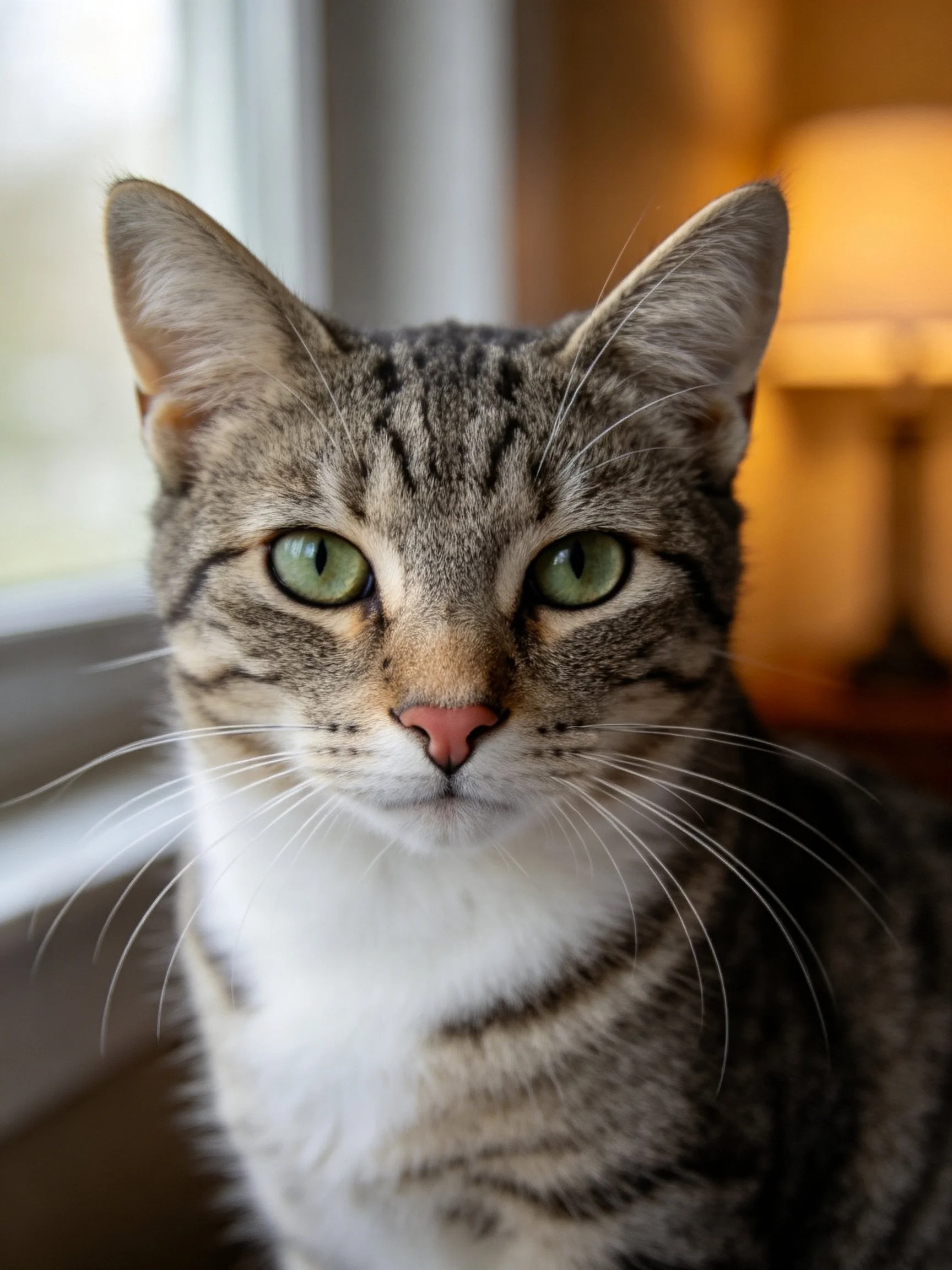 A tabby cat with green eyes sits near a window and lamp
