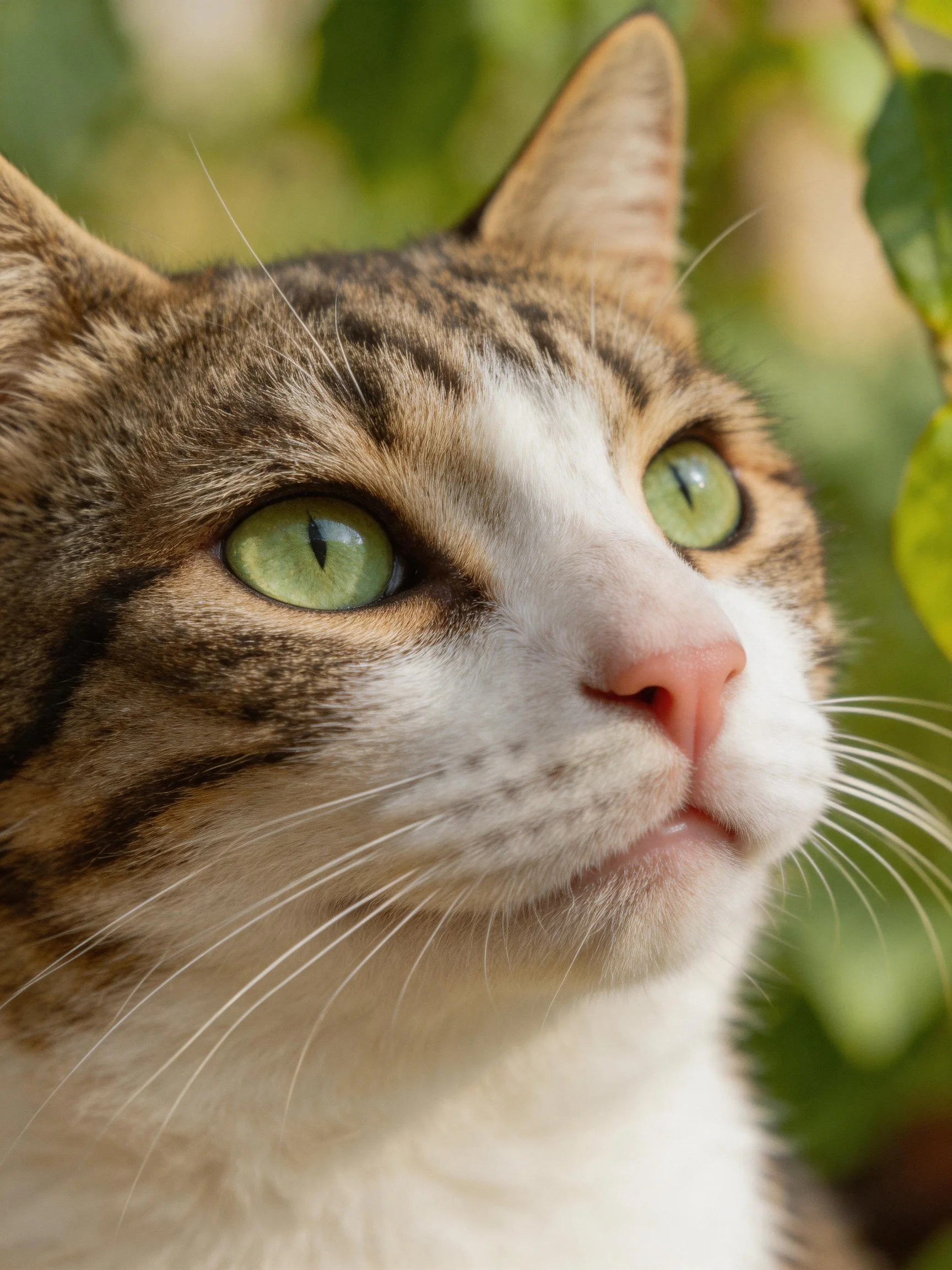 A tabby cat with green eyes looks upward among leafy surroundings.