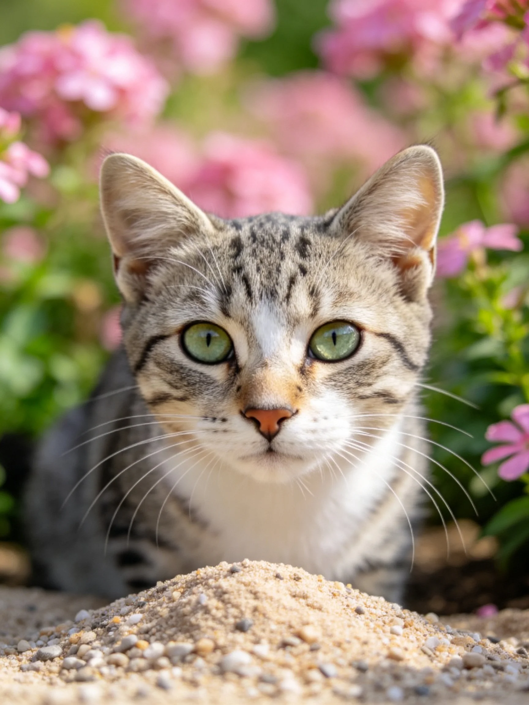 A tabby cat with green eyes is near pink flowers and sand.