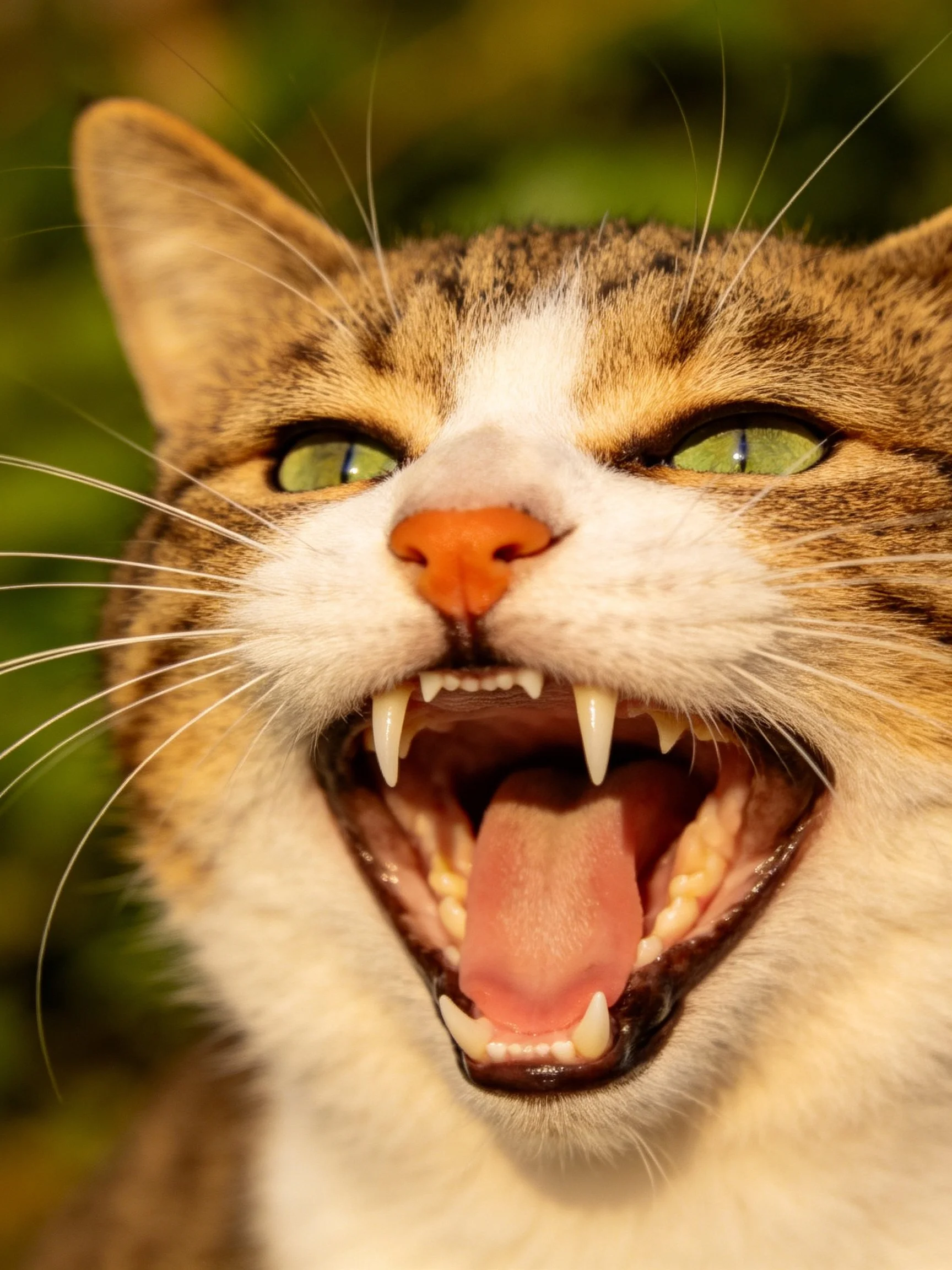 A tabby cat with greeneyes opens its mouth wide, revealing sharp teeth and tongue.