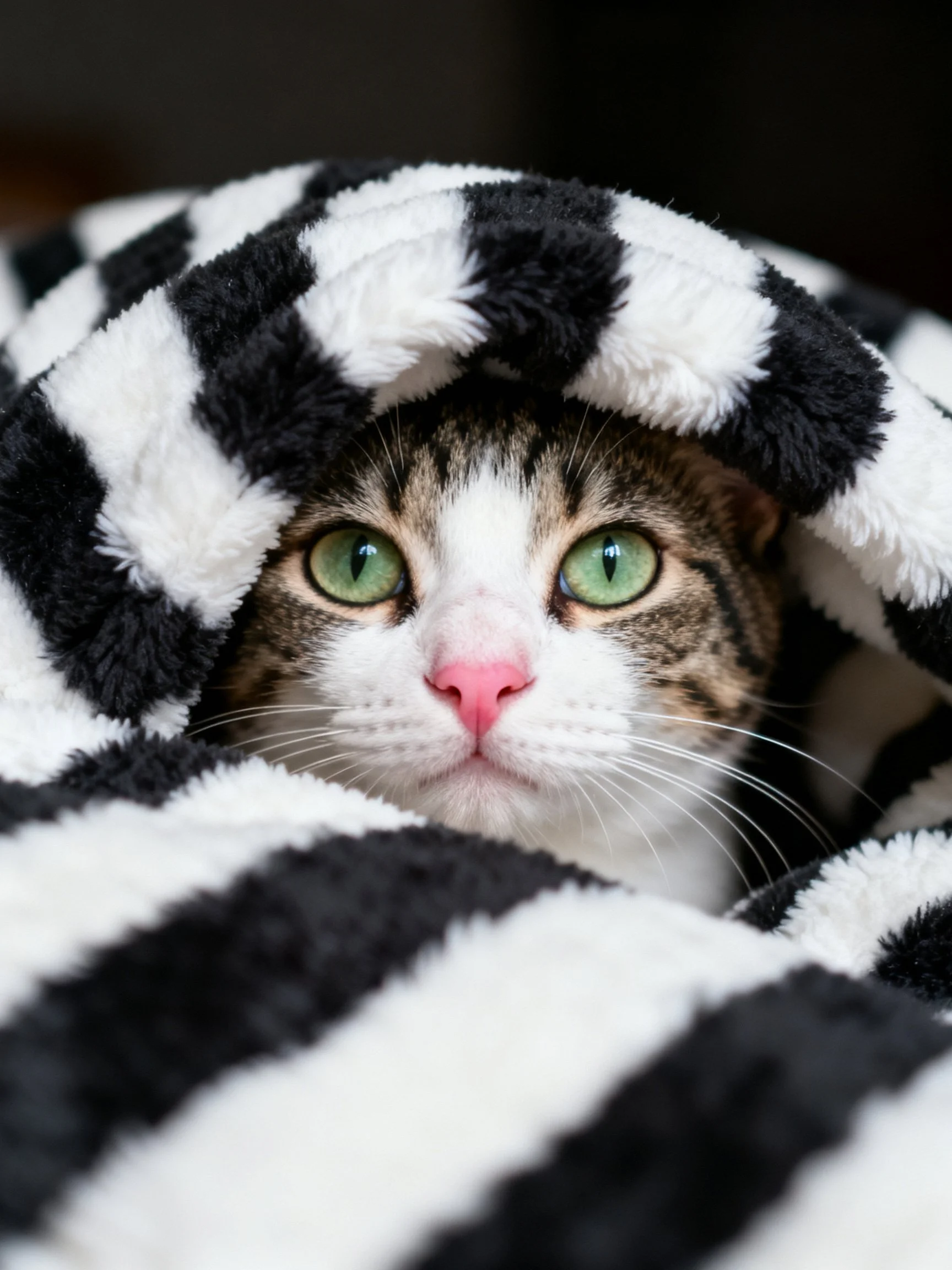 A tabby cat with green eyes peeks from a black - white striped blanket