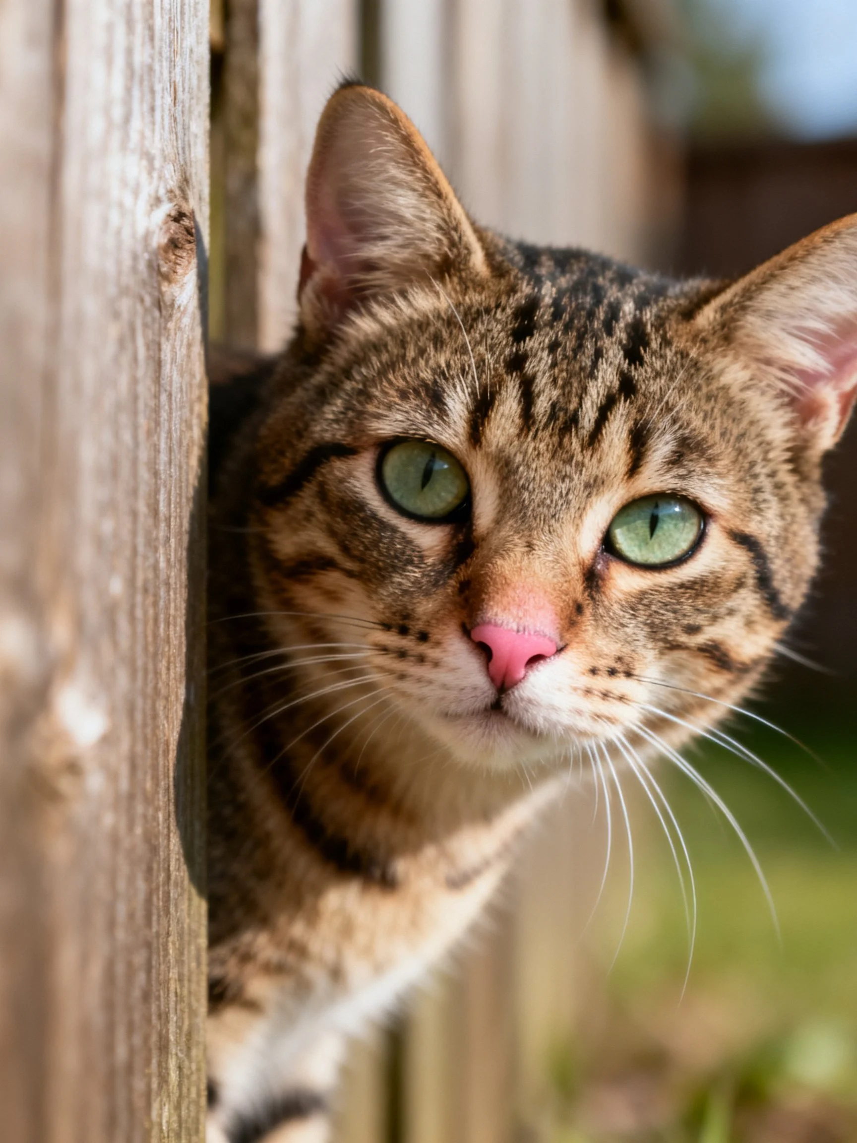 A tabby cat with green eyes peeks from a weathered wooden fence
