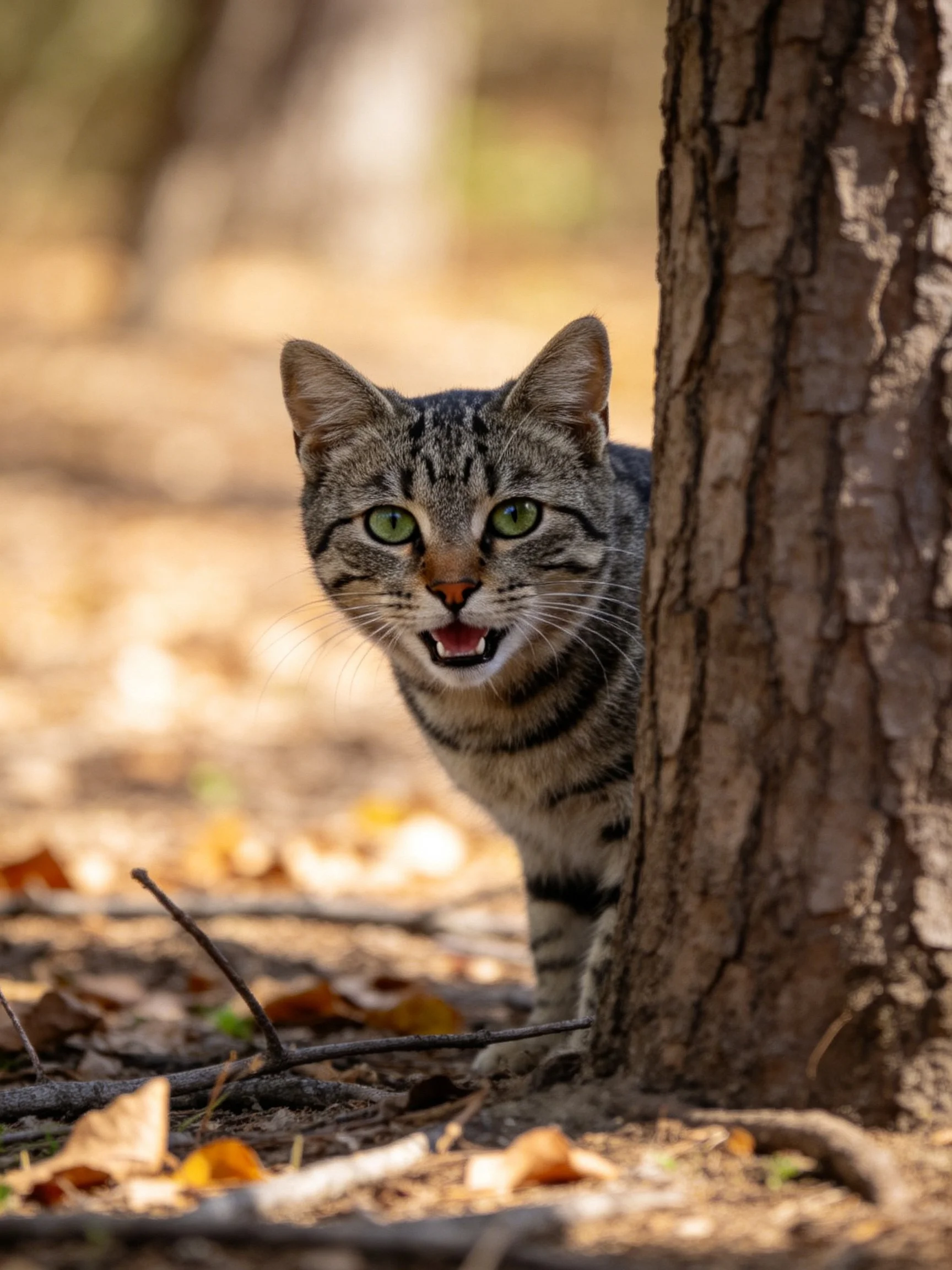 A tabby cat with green eyes peeks from behind a tree trunk in an autumn forest