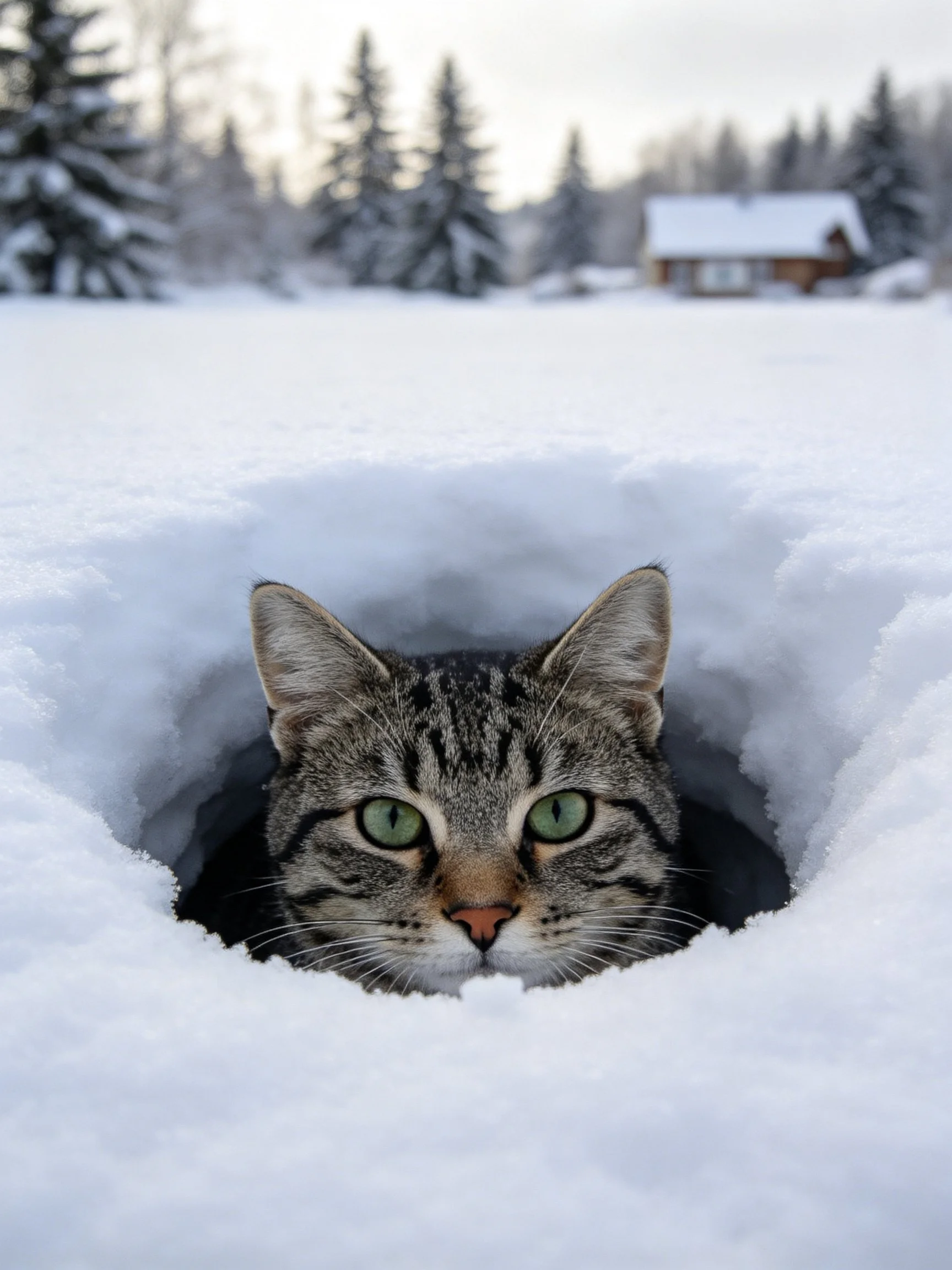 A tabby cat with green eyes peers out of a deep snow hole