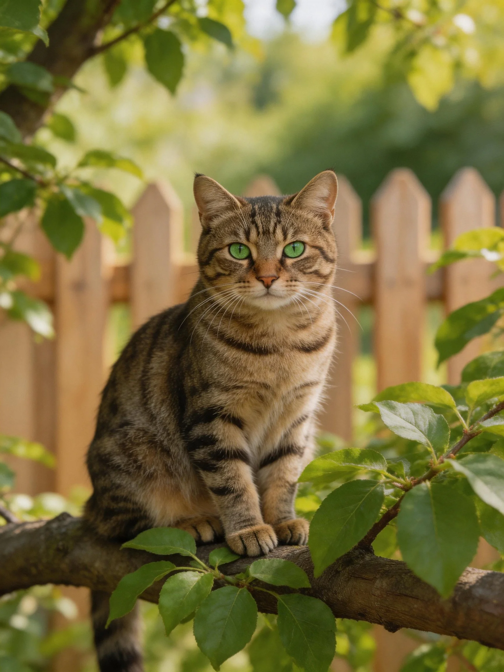 A tabby cat with green eyes perched on a tree branch