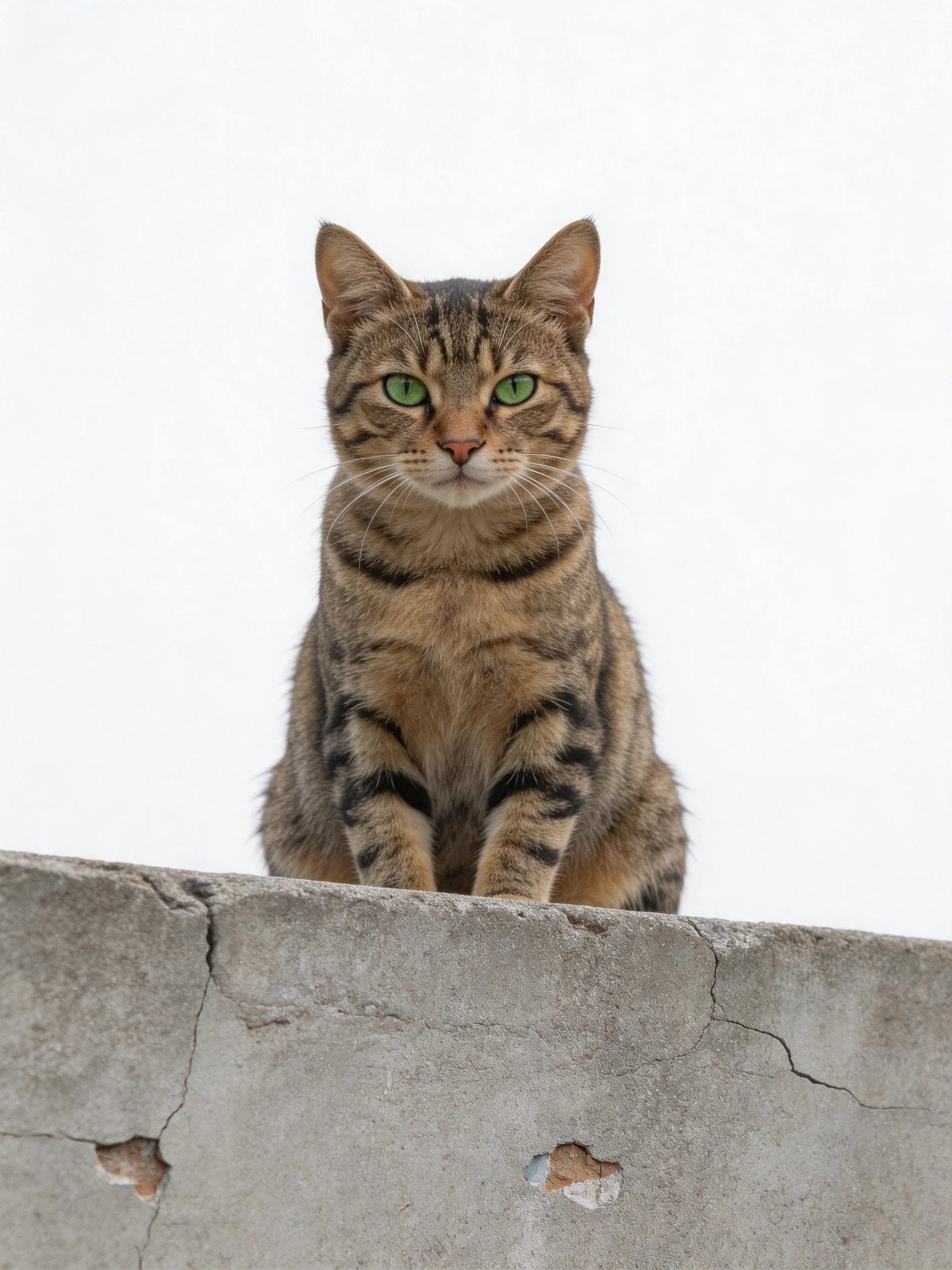 A tabby cat with green eyes perched on a weathered concrete ledge