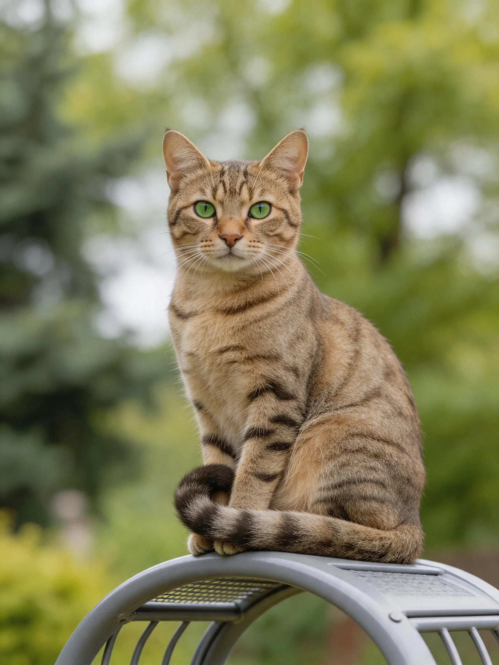 A tabby cat with green eyes perches on a curved metal structure