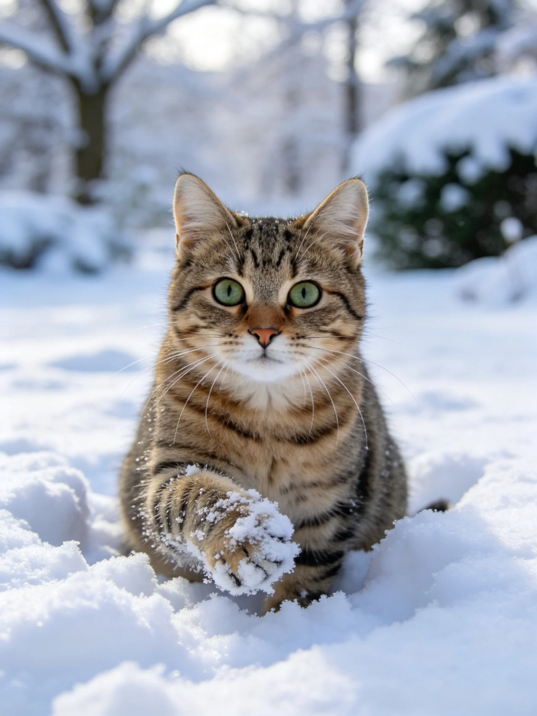 A tabby cat with green eyes playing in fresh snow