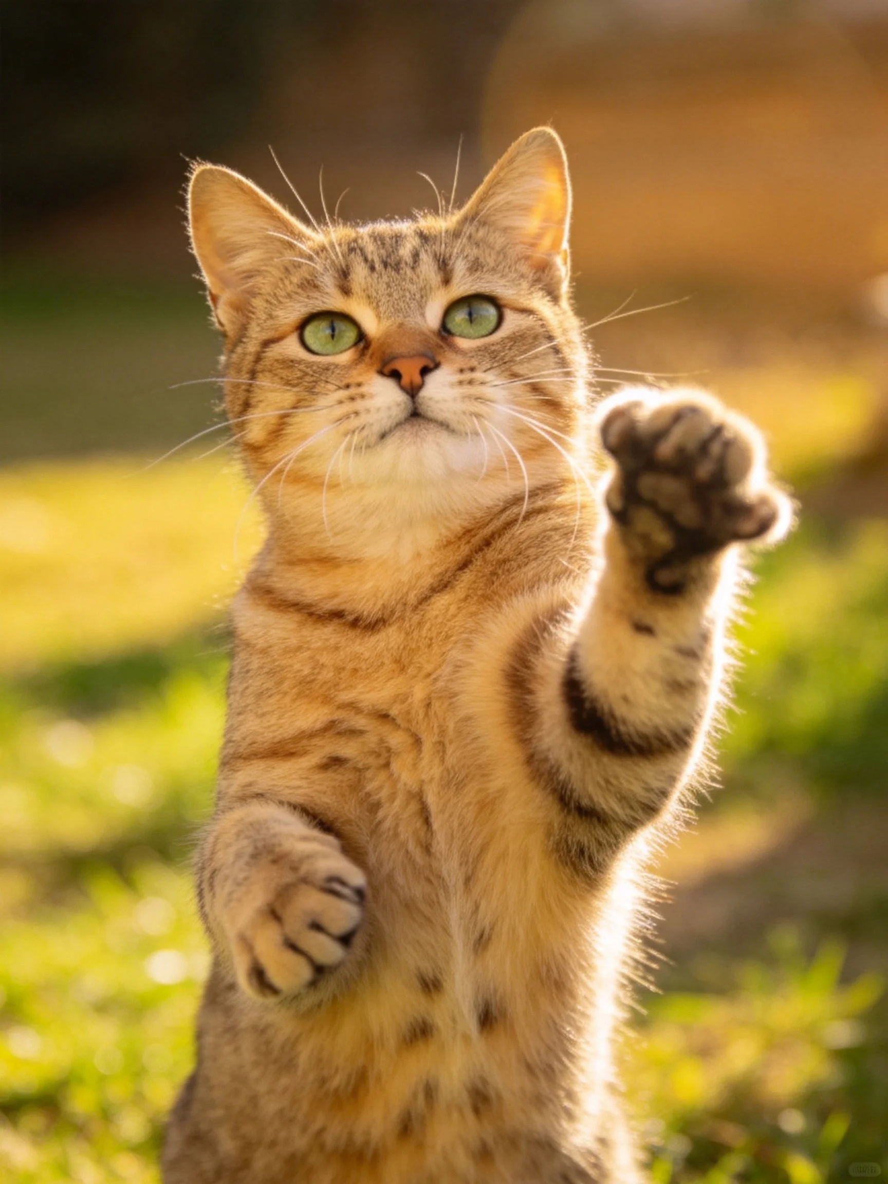 A tabby cat with green eyes stands on hind legs reaching upward in a sunlit outdoor setting.