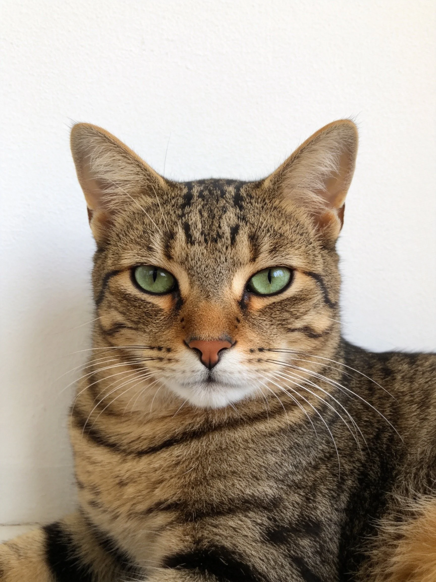 A tabby cat with green eyes resting against a plain white wall