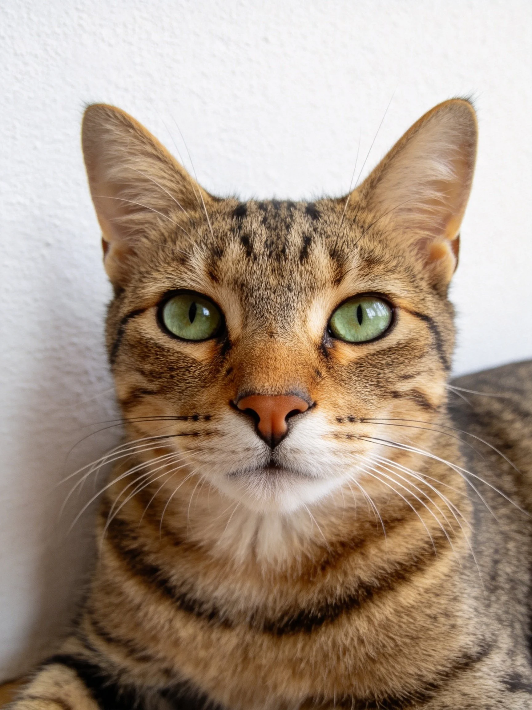A tabby cat with bright green eyes sits calmly next to a plain white wall.
