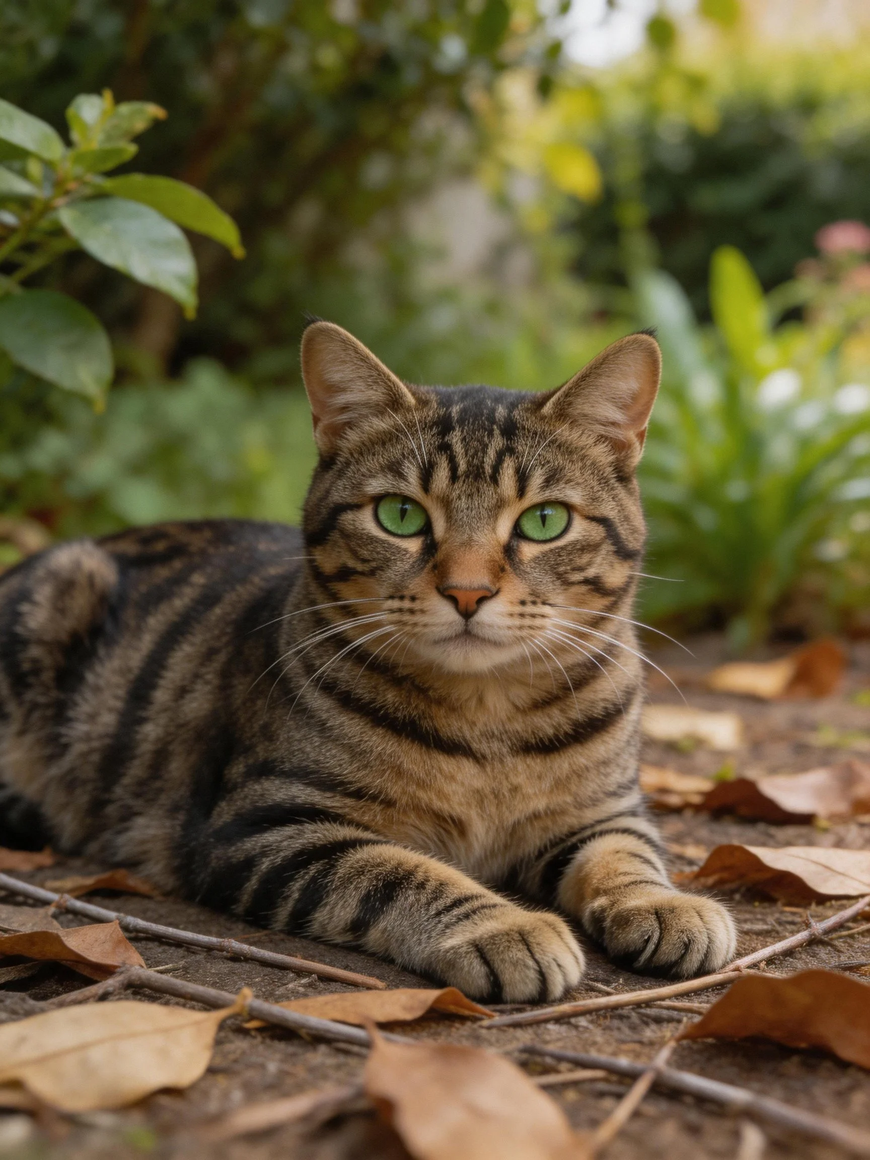 A tabby cat with bright green eyes lies among dry leaves and lush vegetation.