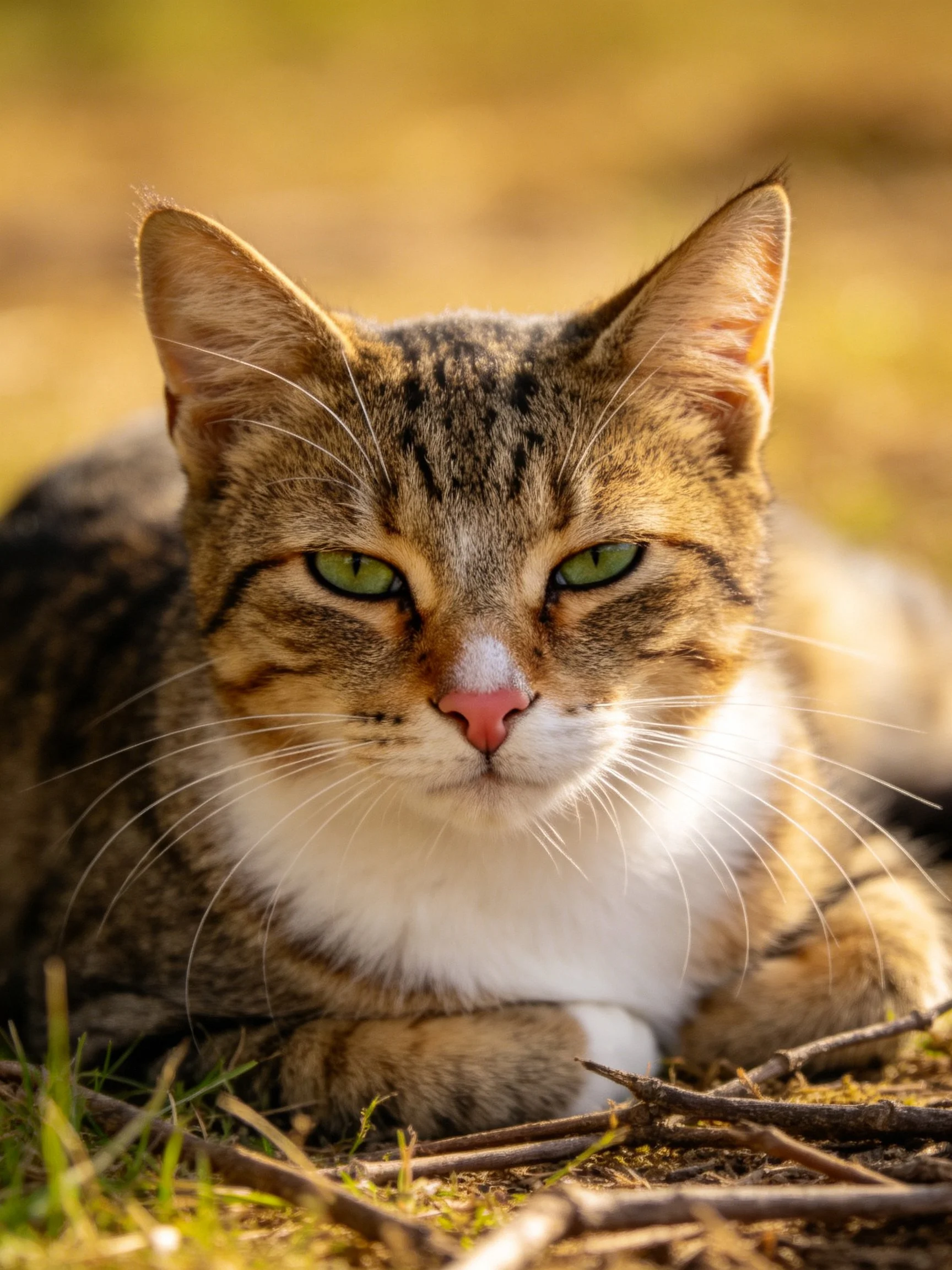 A tabby cat with green eyes rests calmly among twigs and grass.