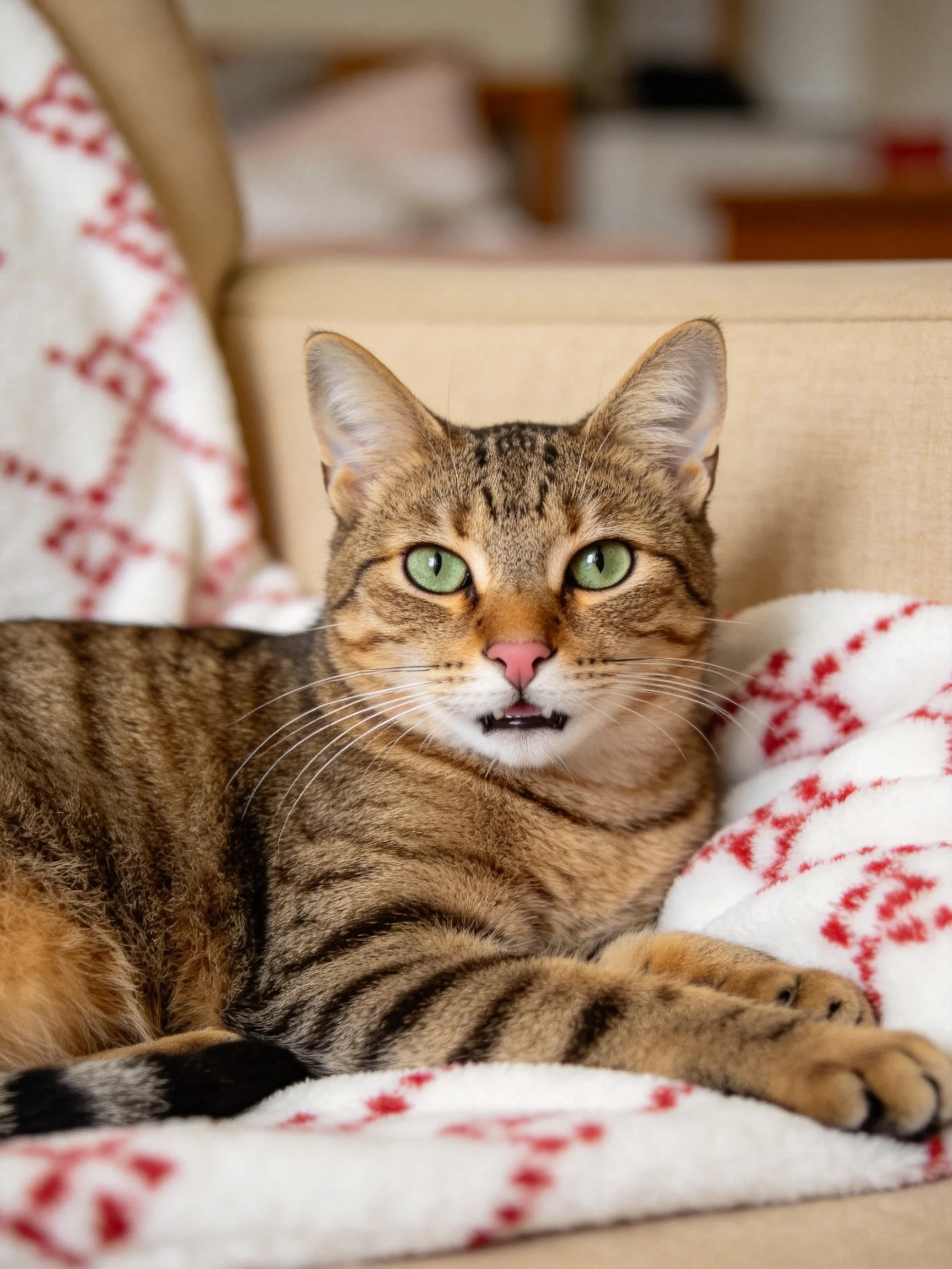 A tabby cat with green eyes resting on a red-patterned blanket