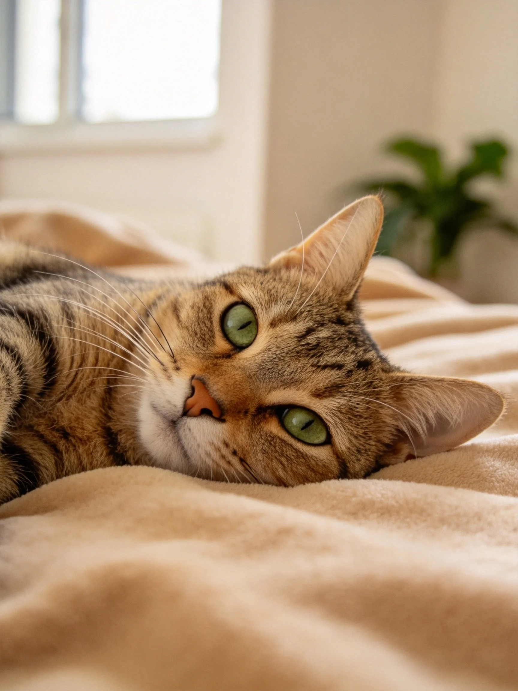 A tabby cat with green eyes resting on a soft beige blanket