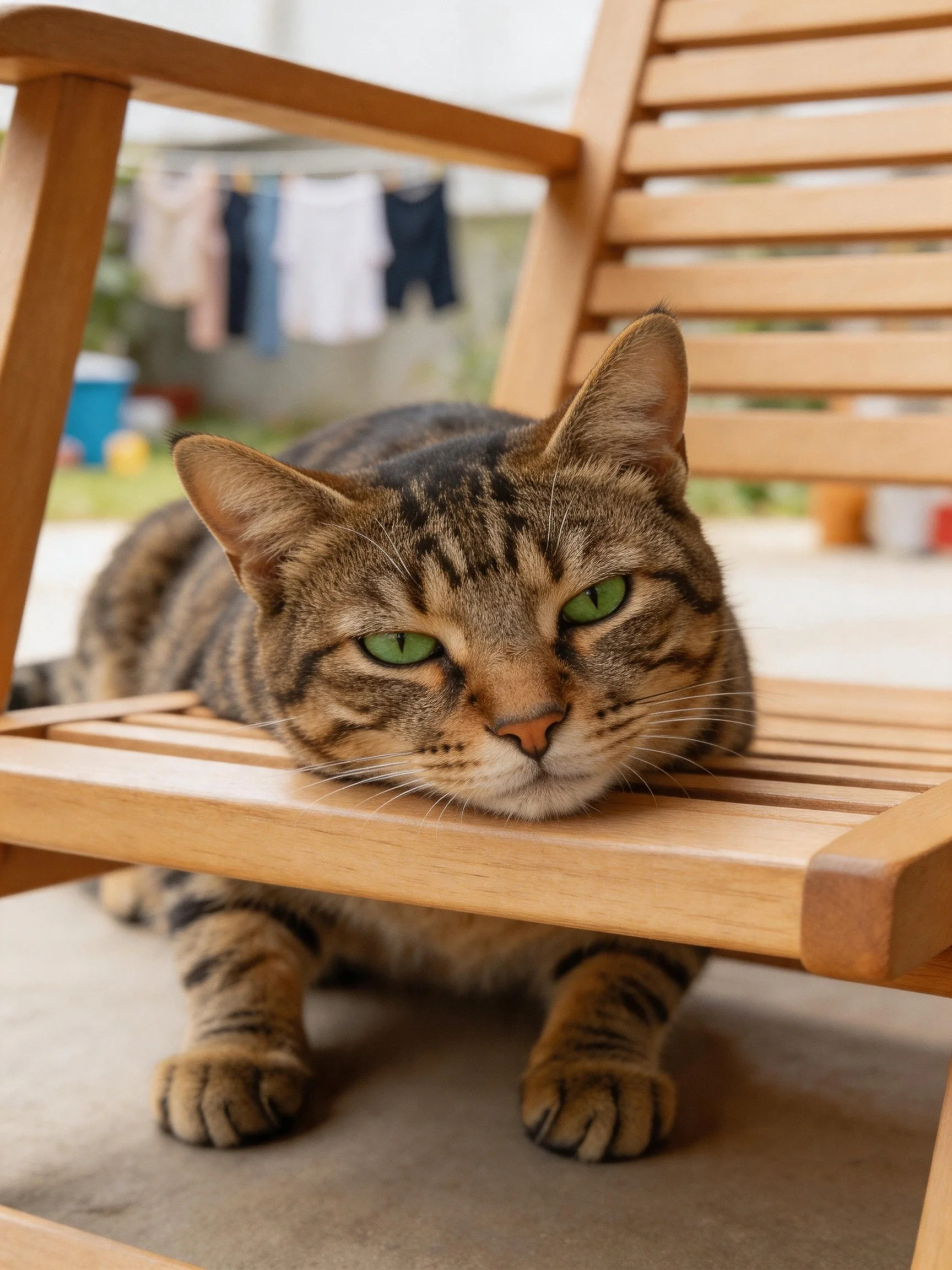 A tabby cat with green eyes resting on a wooden chair outdoors