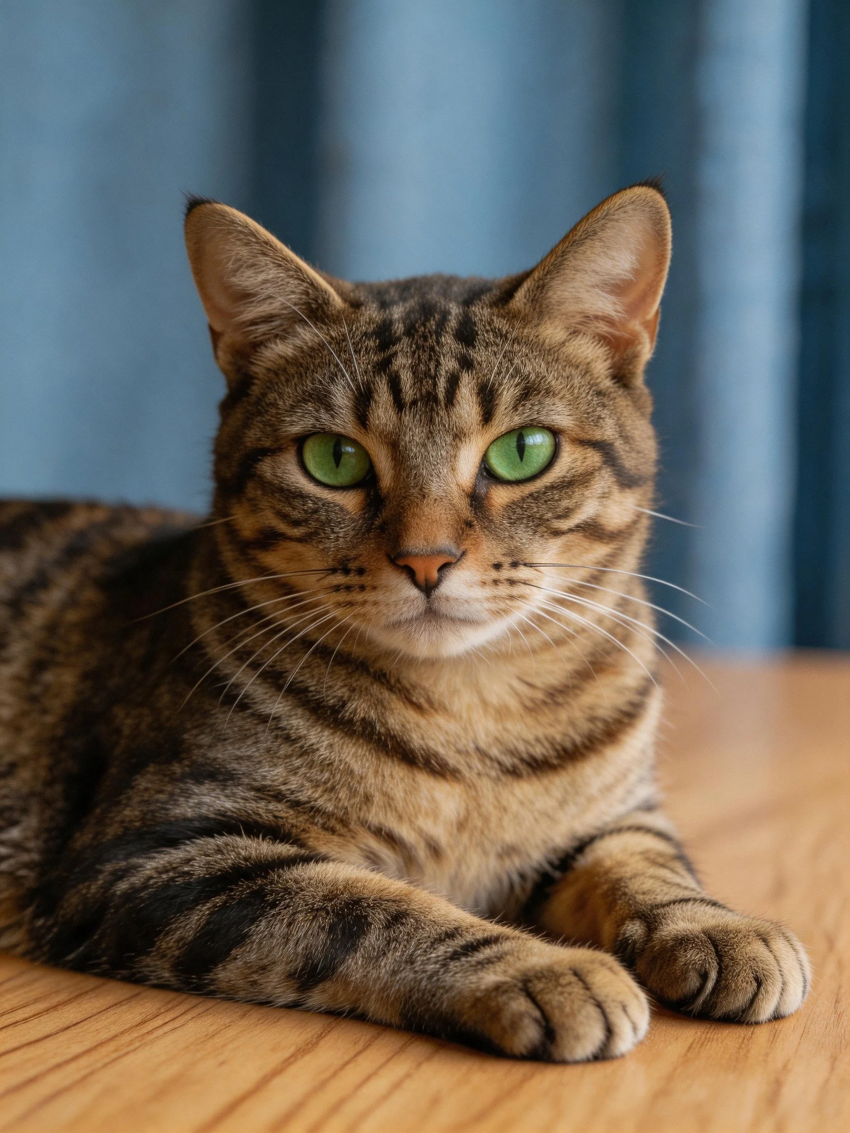 A tabby cat with green eyes rests on a wooden table
