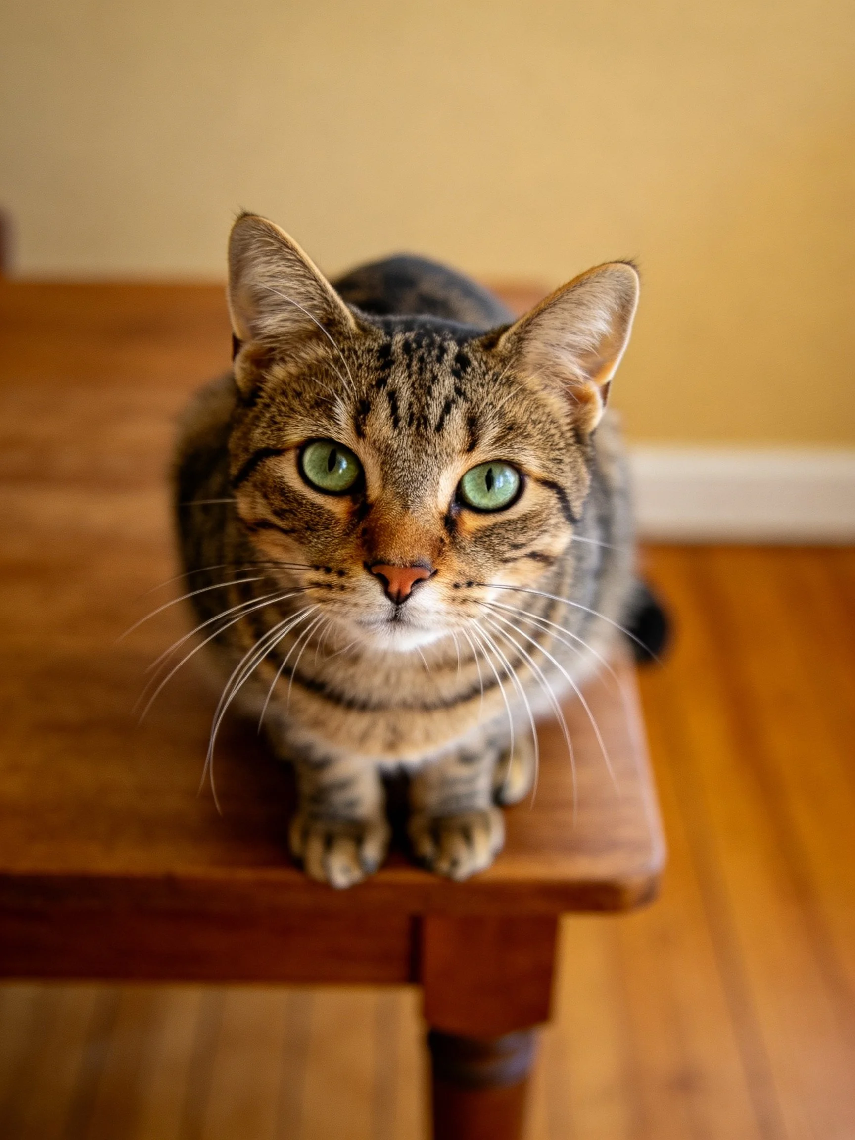A tabby cat with bright green eyes sits atop a wooden table.