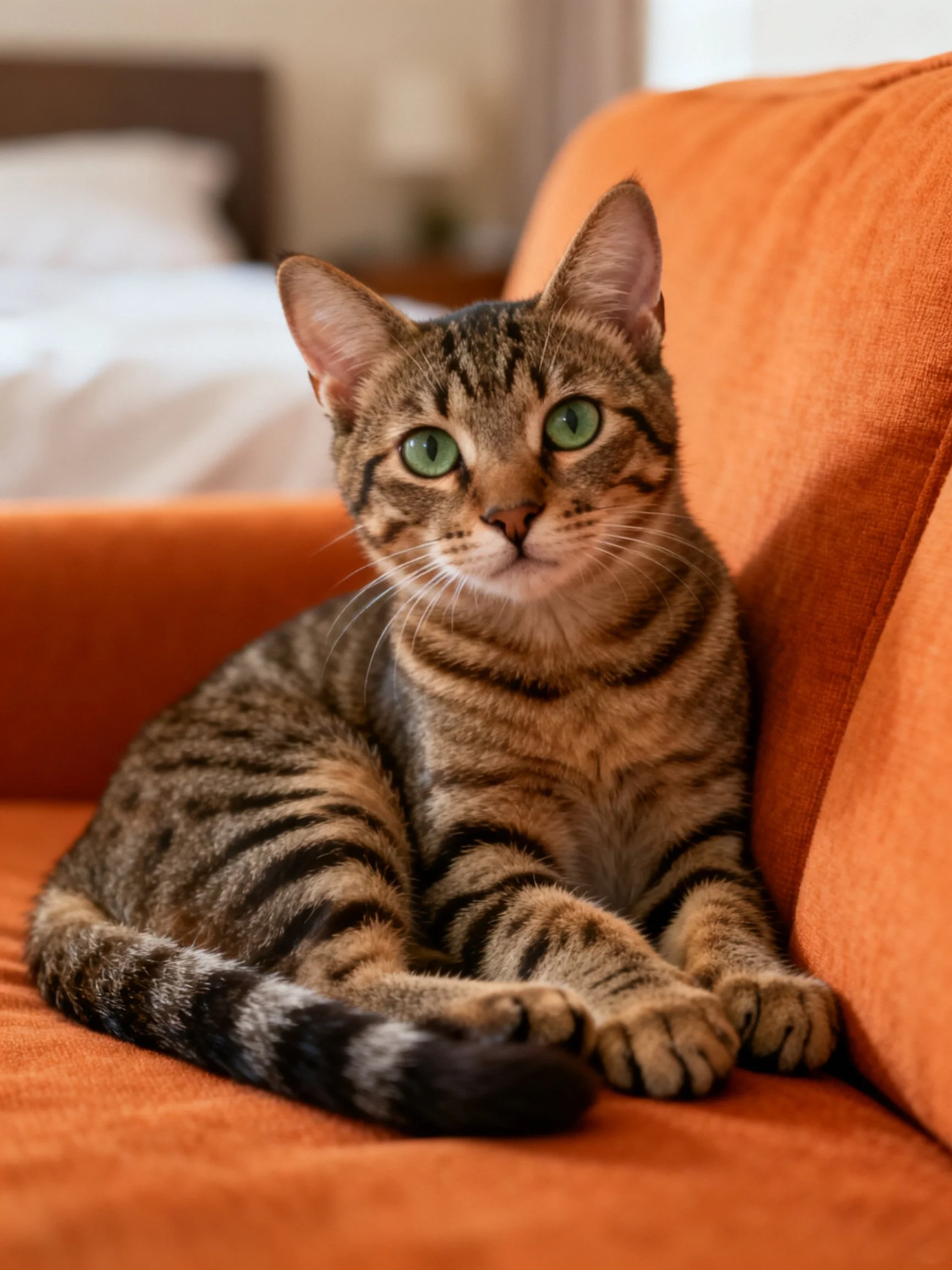 A tabby cat with green eyes resting on an orange couch