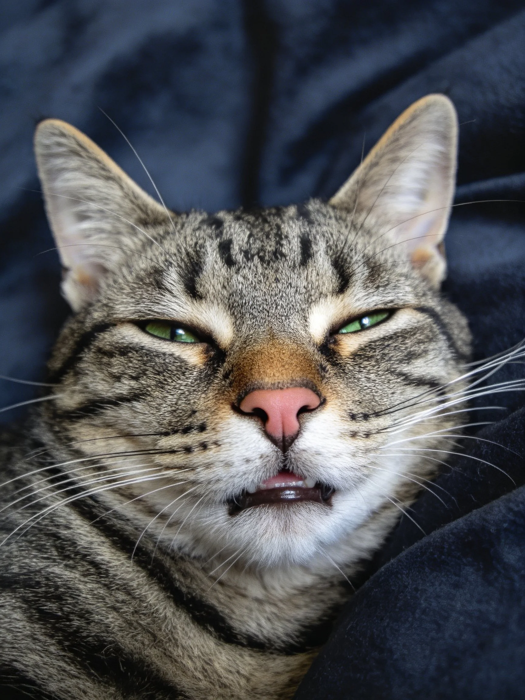 A tabby cat with green eyes resting on dark fabric