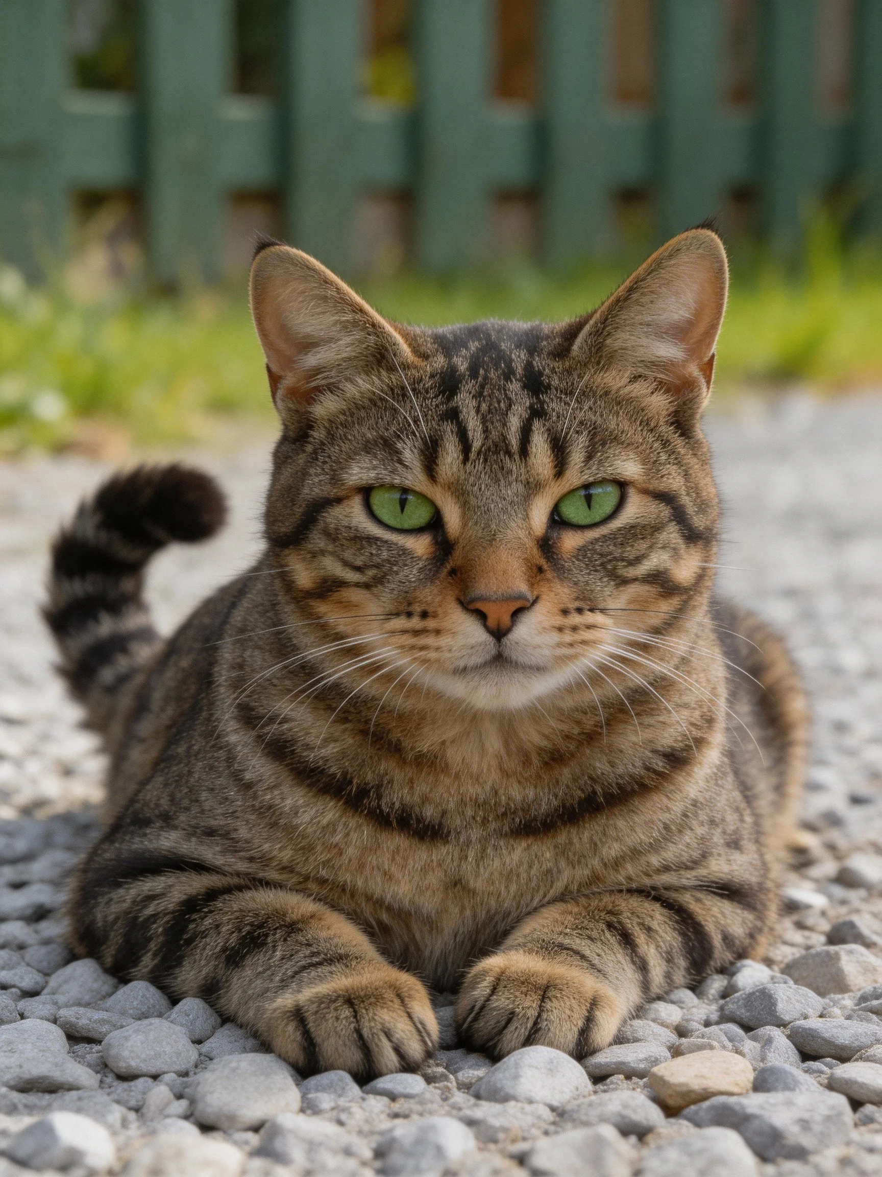 A tabby cat with green eyes resting on gravel near a fence