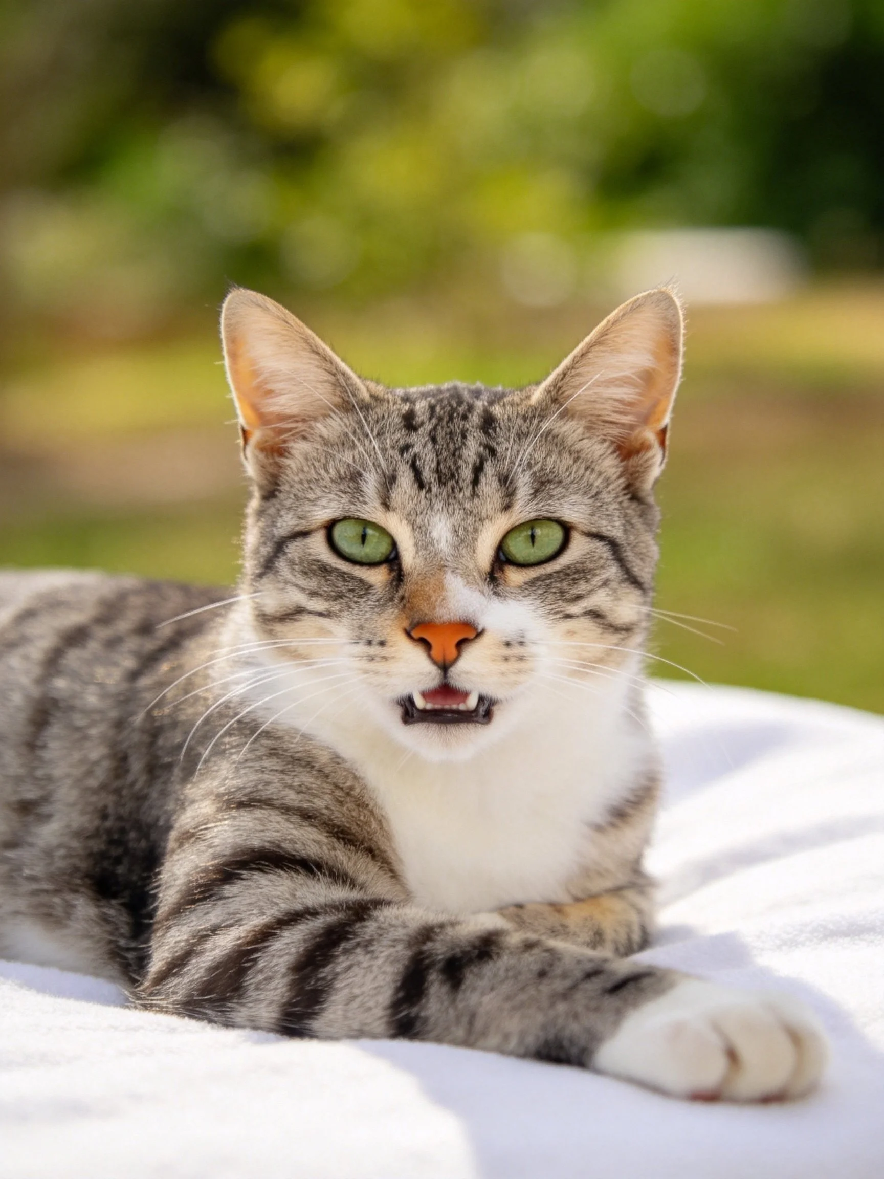 A tabby cat with green eyes resting on white fabric outdoors